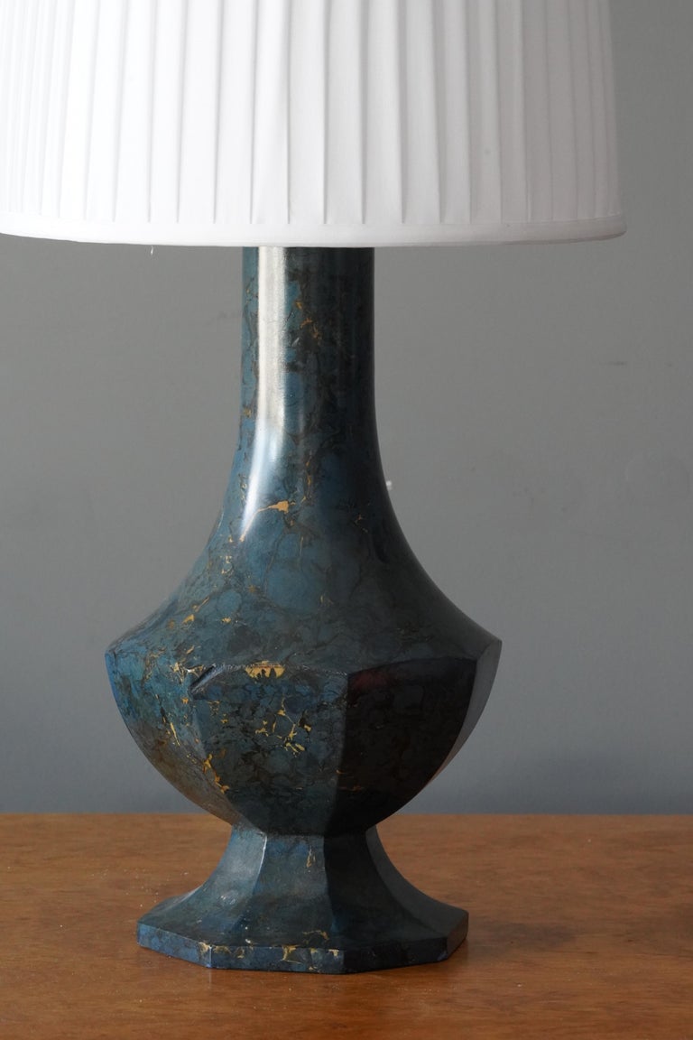 Scandinavian Modern Swedish Table Lamp, Blue Hand-Painted Painted Ceramic, Sweden, 1930s For Sale