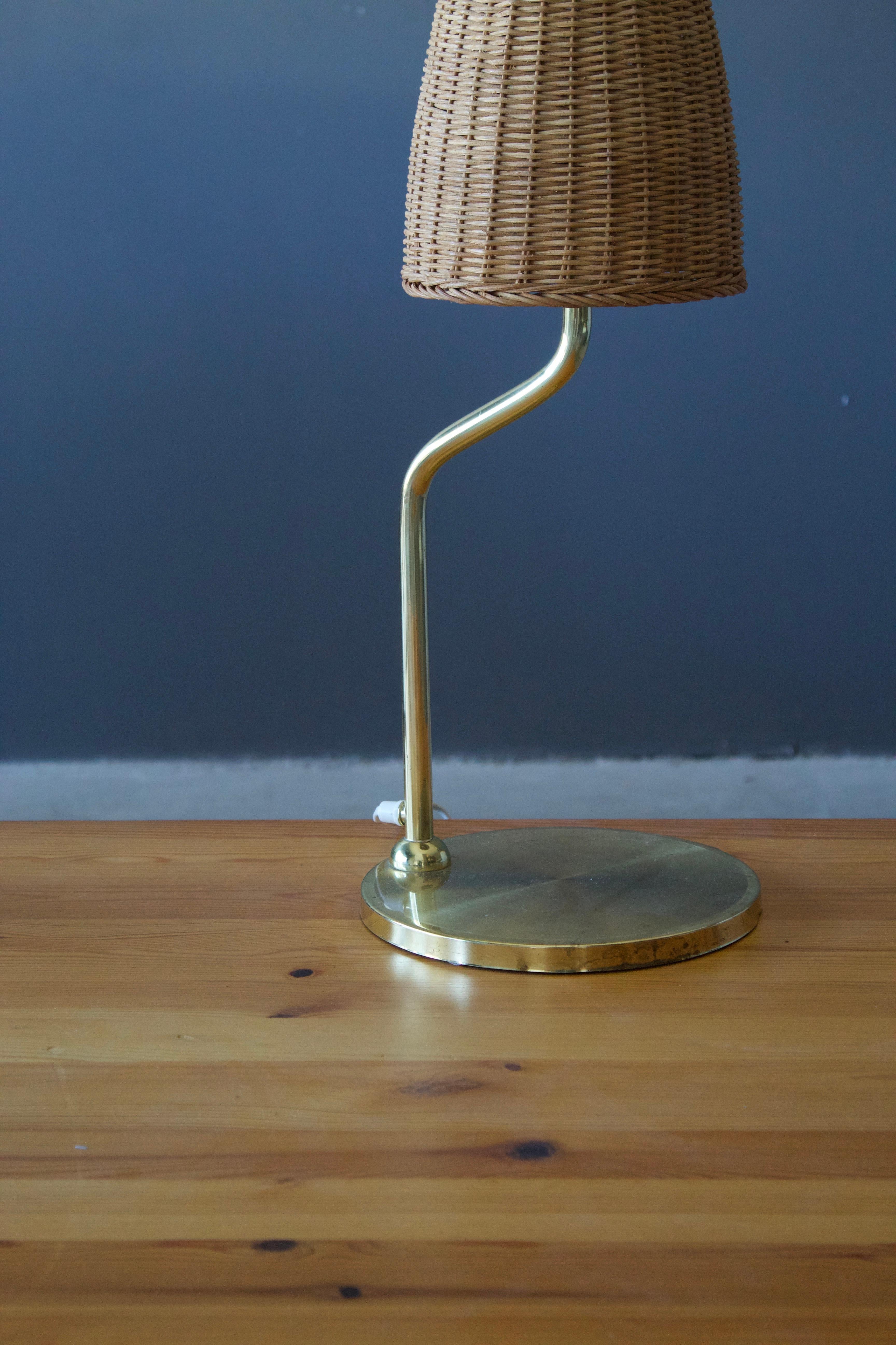 Late 20th Century Swedish, Table Lamp, Brass, Rattan, Sweden, 1970s