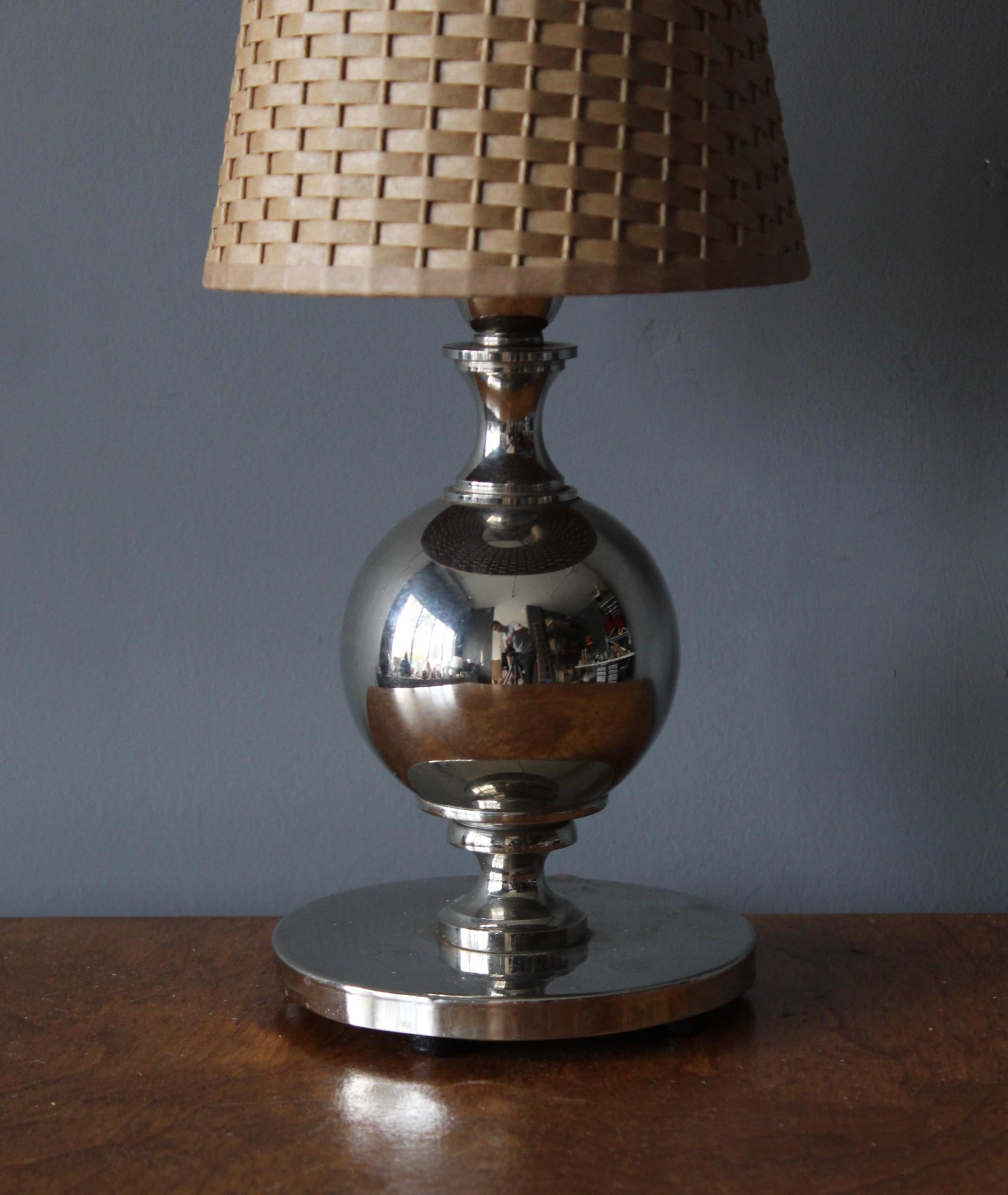 Swedish, Table Lamp, Chrome Metal, Rattan, Sweden, c. 1940s In Good Condition In High Point, NC