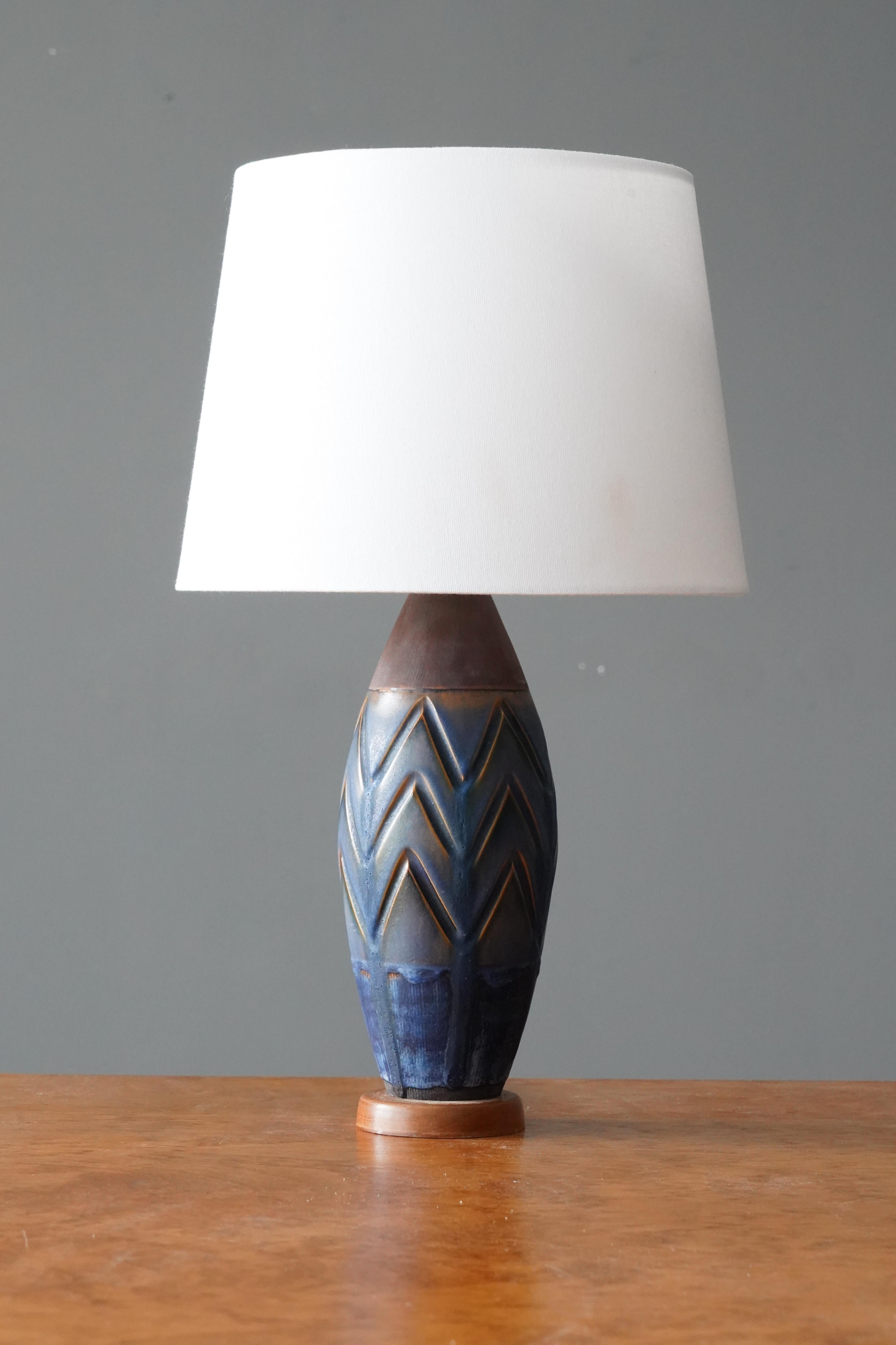 Swedish, Table Lamp, Incised Brown Blue Stoneware, Wood, Sweden, 1960s 1