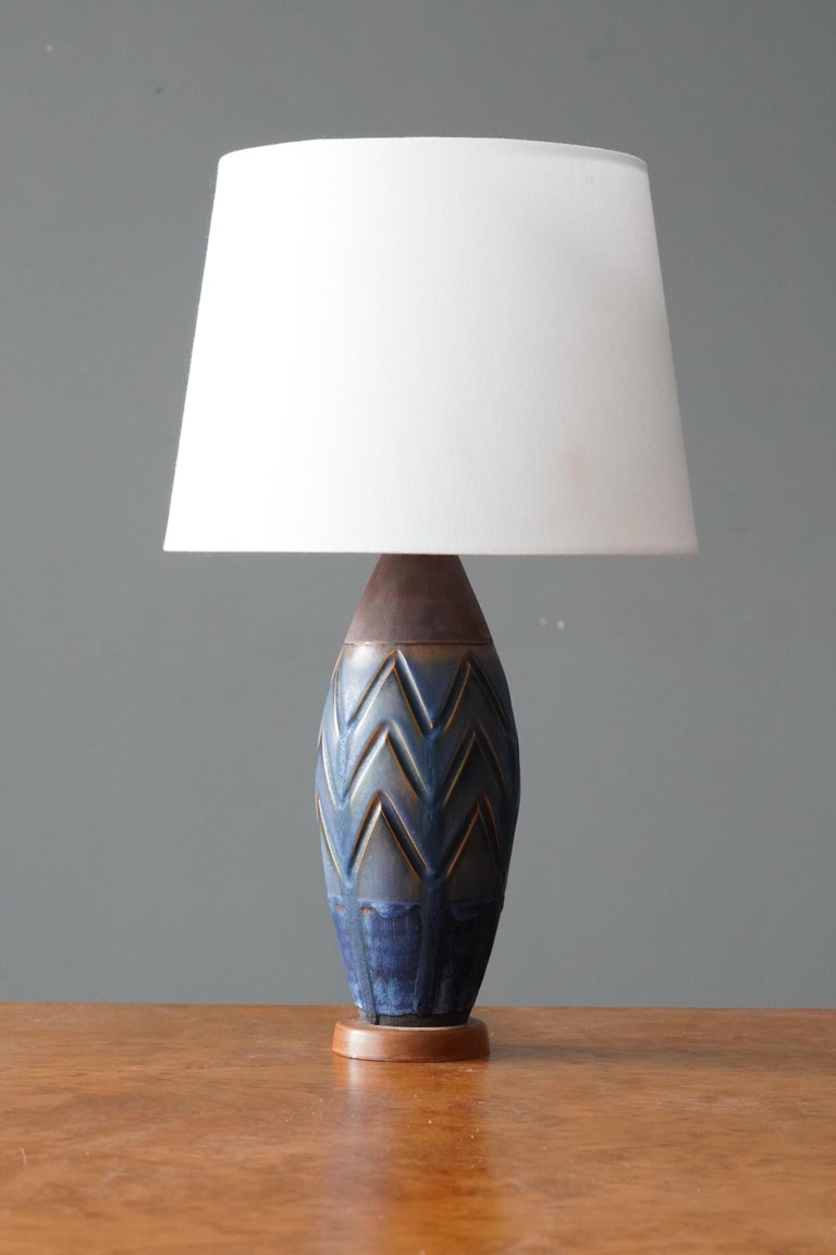 Swedish, Table Lamp, Incised Brown Blue Stoneware, Wood, Sweden, 1960s For Sale 1