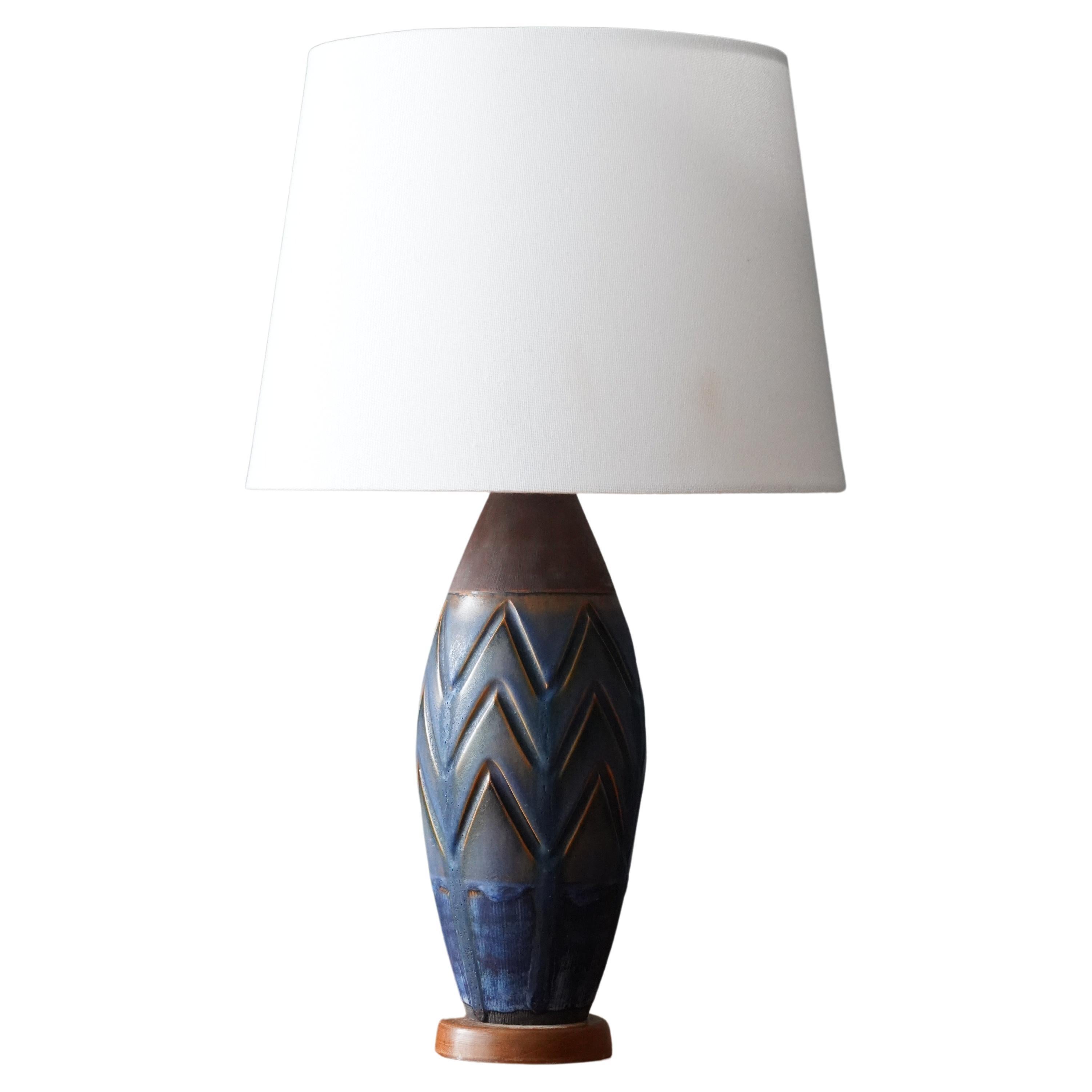 Swedish, Table Lamp, Incised Brown Blue Stoneware, Wood, Sweden, 1960s