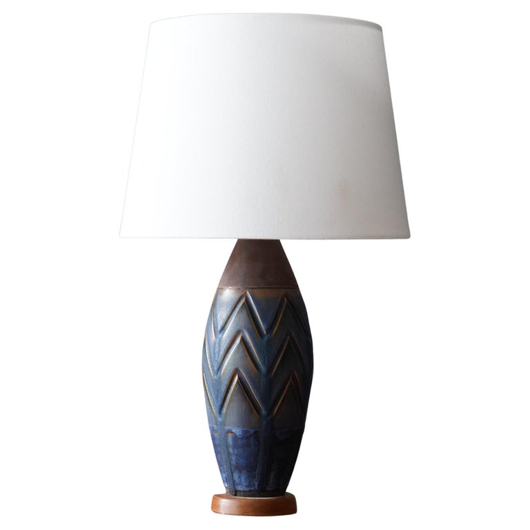 Swedish, Table Lamp, Incised Brown Blue Stoneware, Wood, Sweden, 1960s For Sale