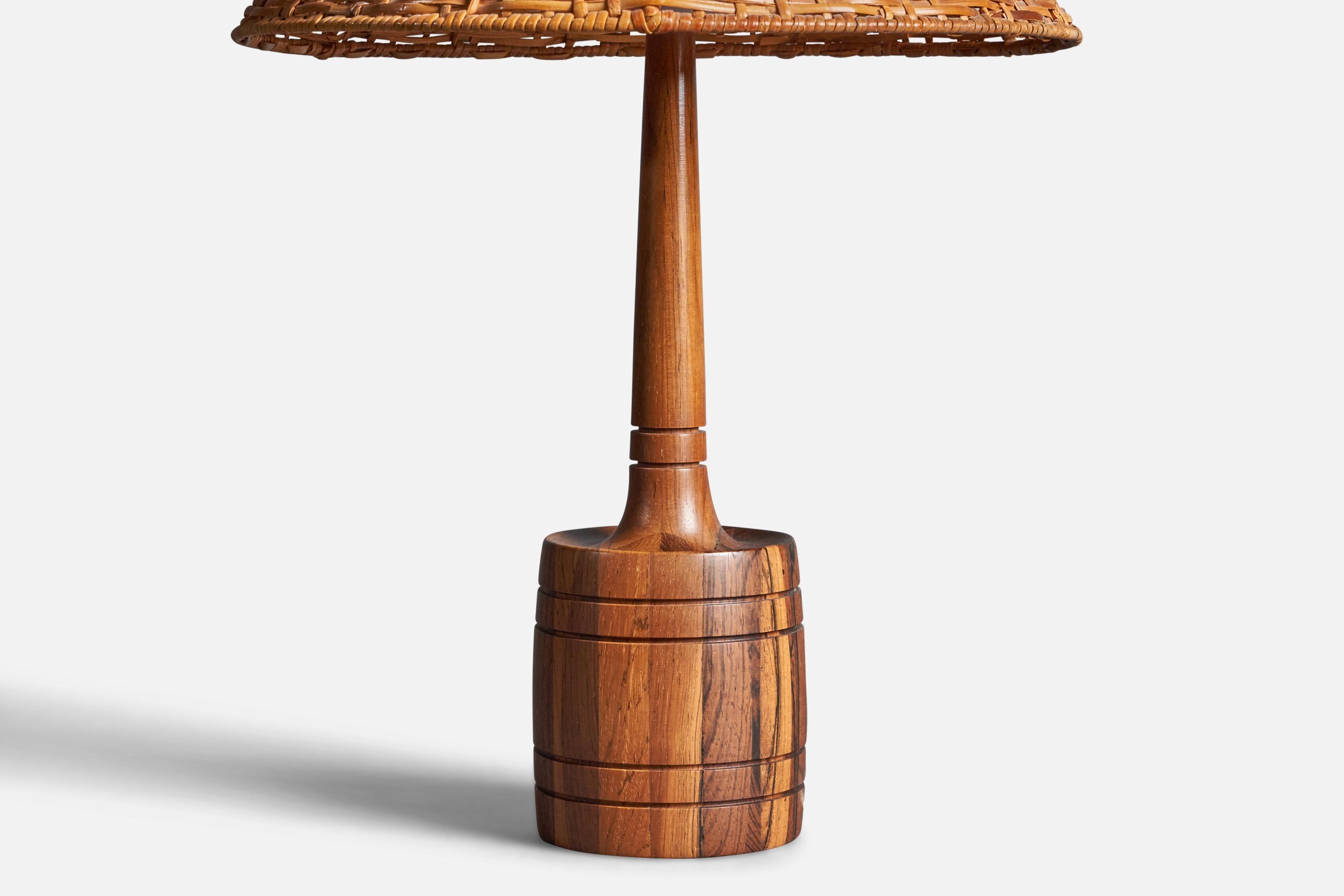 Mid-Century Modern Swedish, Table Lamp, Rosewood, Rattan, Sweden, C. 1960s For Sale
