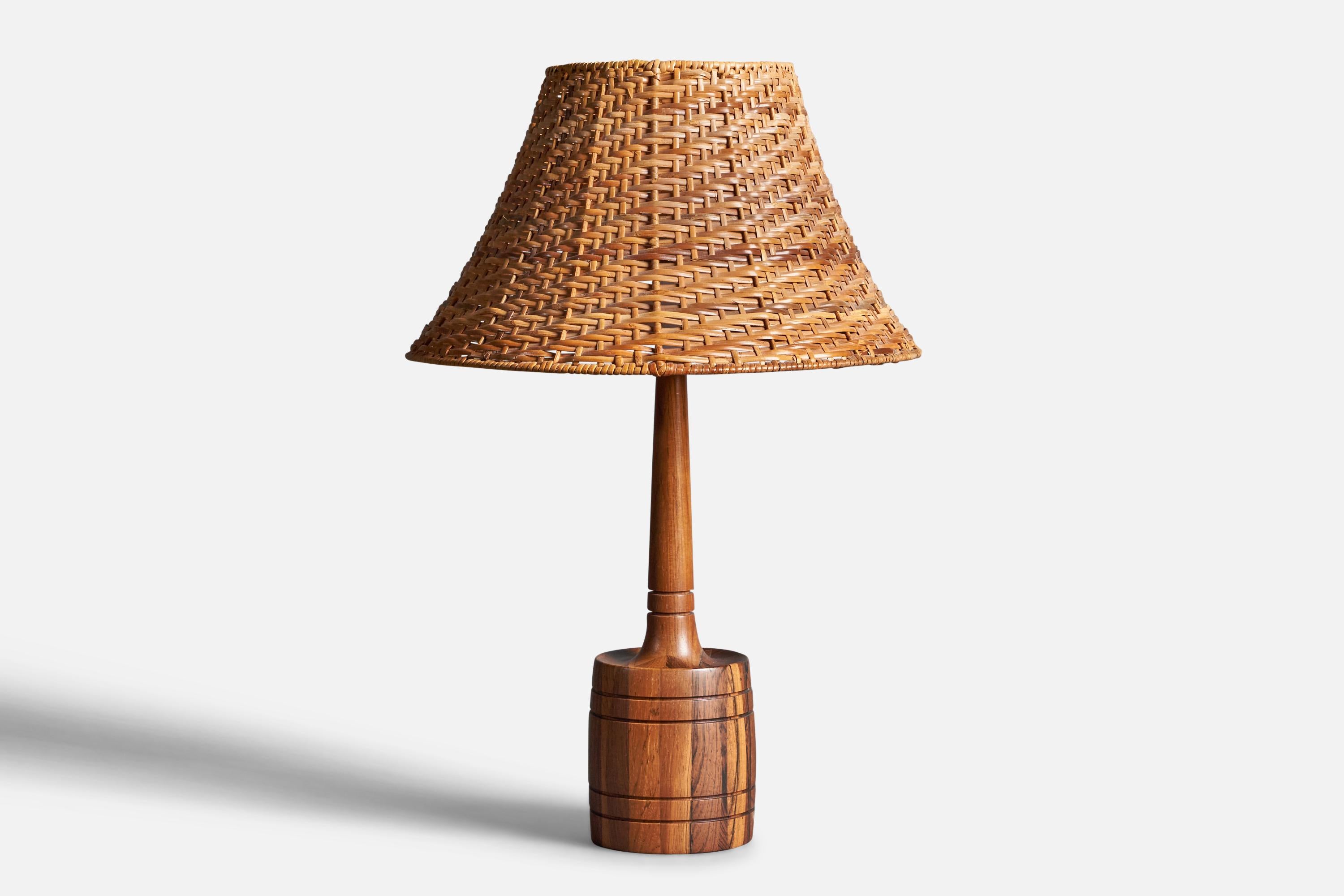 Mid-20th Century Swedish, Table Lamp, Rosewood, Rattan, Sweden, C. 1960s For Sale