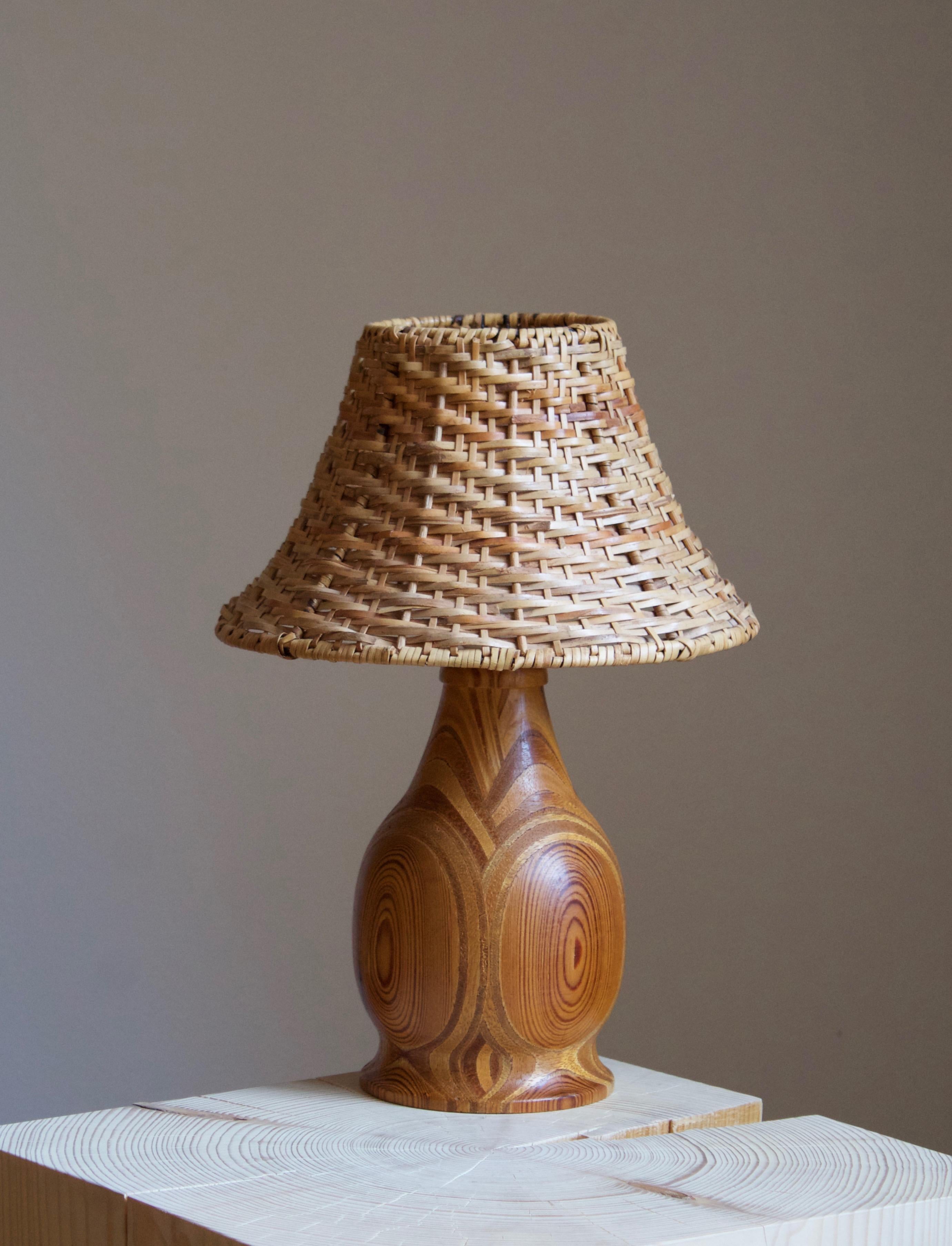 A table lamp designed and produced in Sweden, 1970s. Branded on underside.

Stated dimensions exclude lampshades, height includes socket. Upon request illustrated model rattan lampshades can be included in purchase.