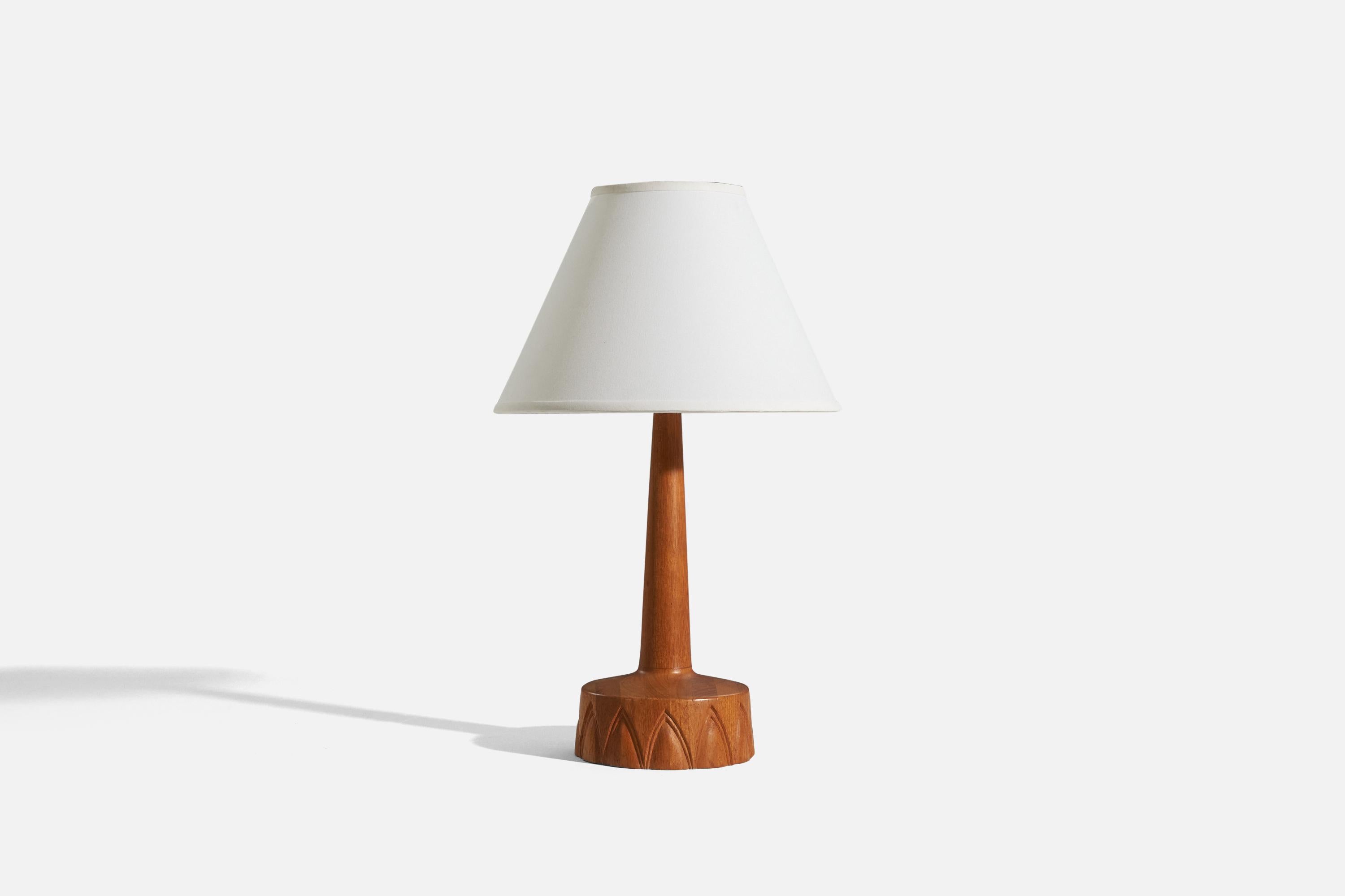 A teak and brass table lamp designed and produced in Sweden, 1960s. 

Sold without lampshade. 
Dimensions of lamp (inches) : 16.8125 x 6.3125 x 6.3125 (H x W x D)
Dimensions of shade (inches) : 5 x 12.25 x 8.75 (T x B x H)
Dimension of lamp