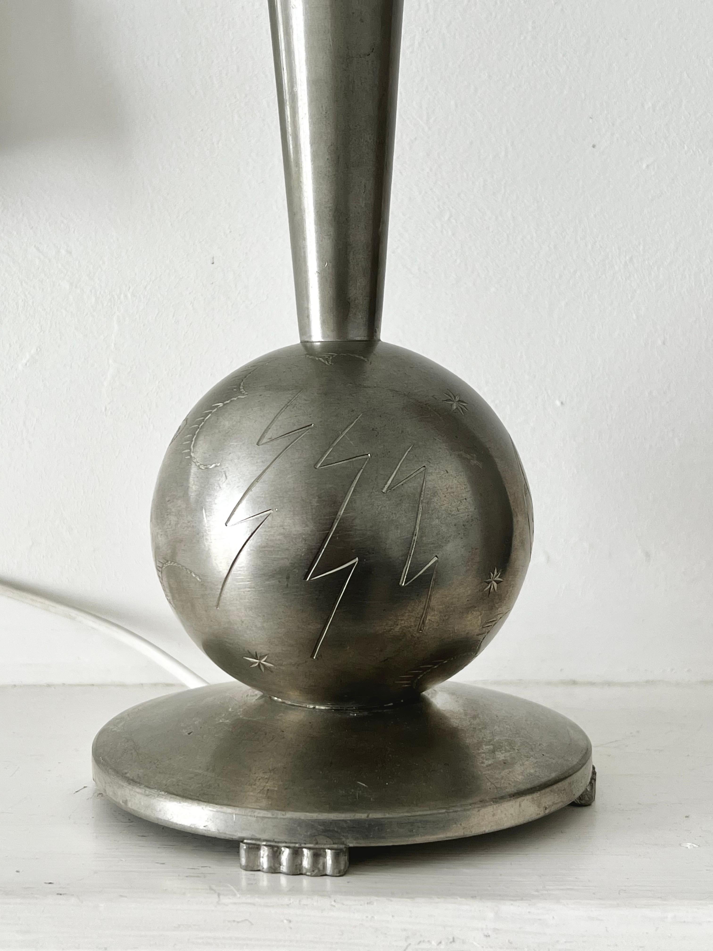 20th Century Swedish Table Lamp with Engraved Celestial Decoration, 1932