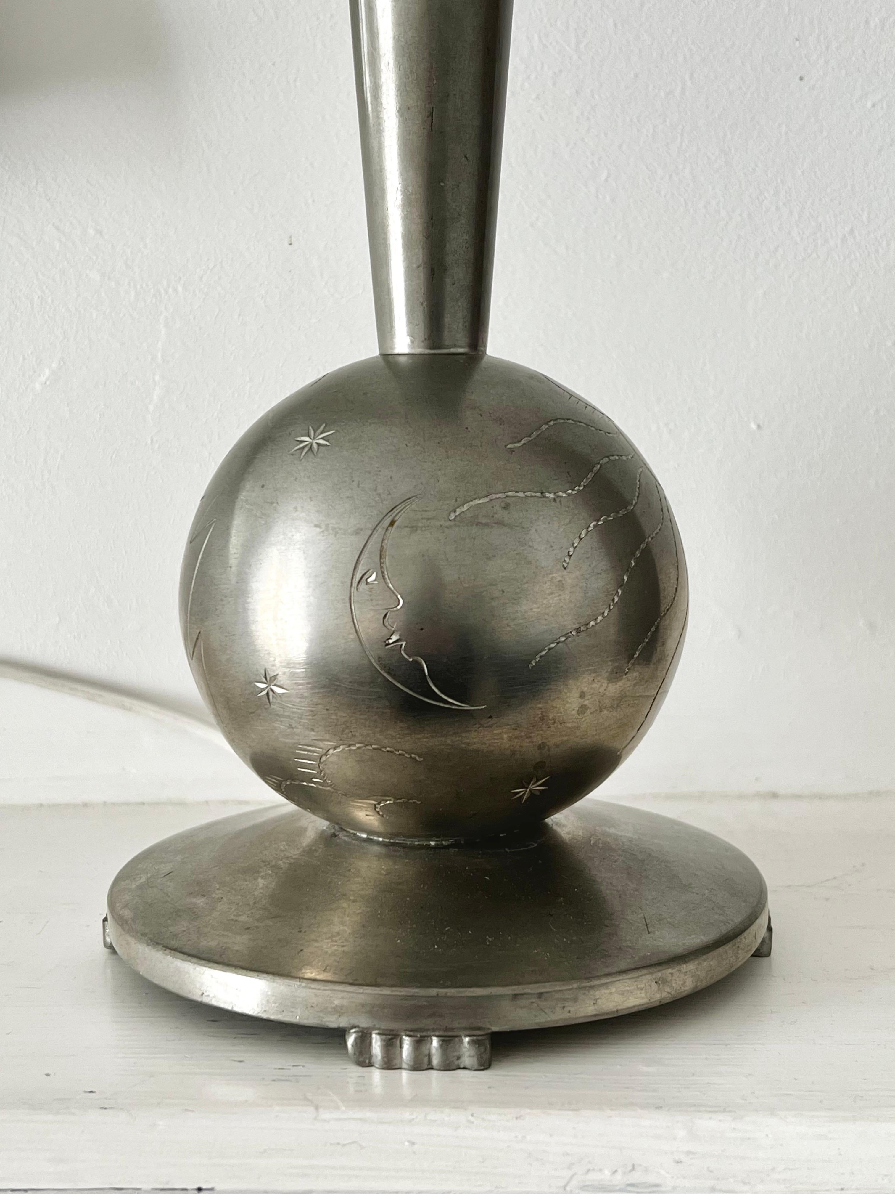 Metal Swedish Table Lamp with Engraved Celestial Decoration, 1932