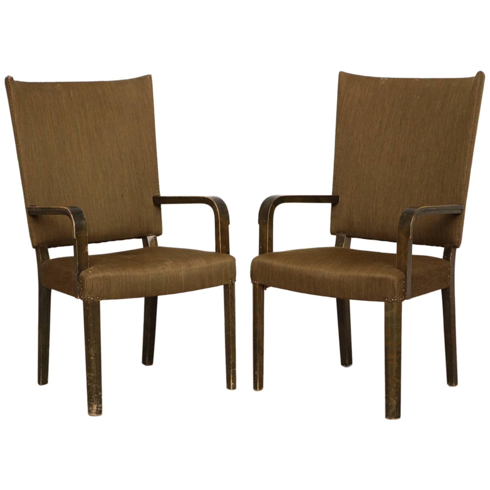 Swedish Tall Back Birch Armchairs, Pair by Nordiska Kompaniet 'NK', Circa 1930