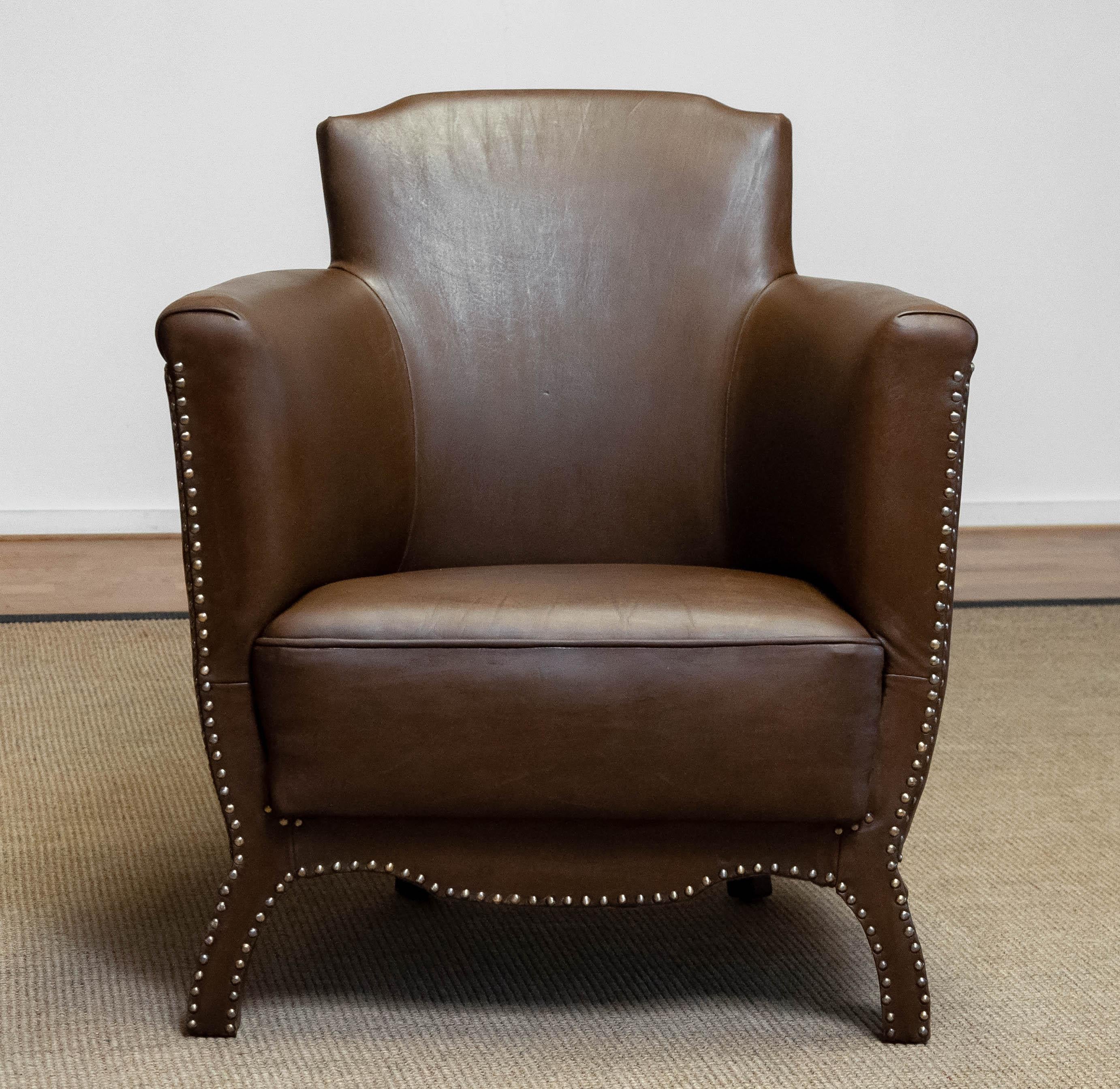 Swedish Tan / Brown Nailed Leather Lounge Chair By Otto Schulz For Boet 1940s 4