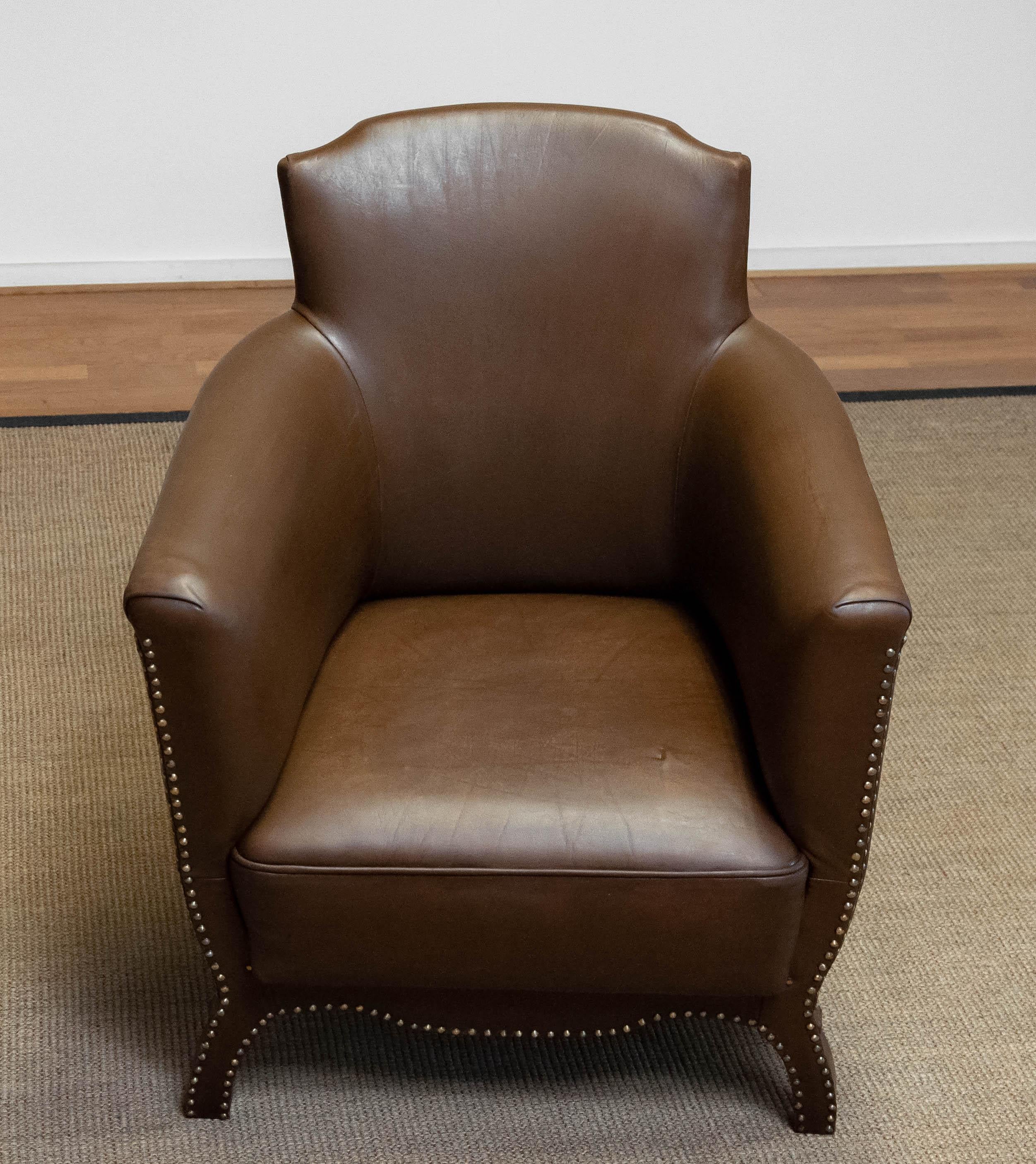 Swedish Tan / Brown Nailed Leather Lounge Chair By Otto Schulz For Boet 1940s 5