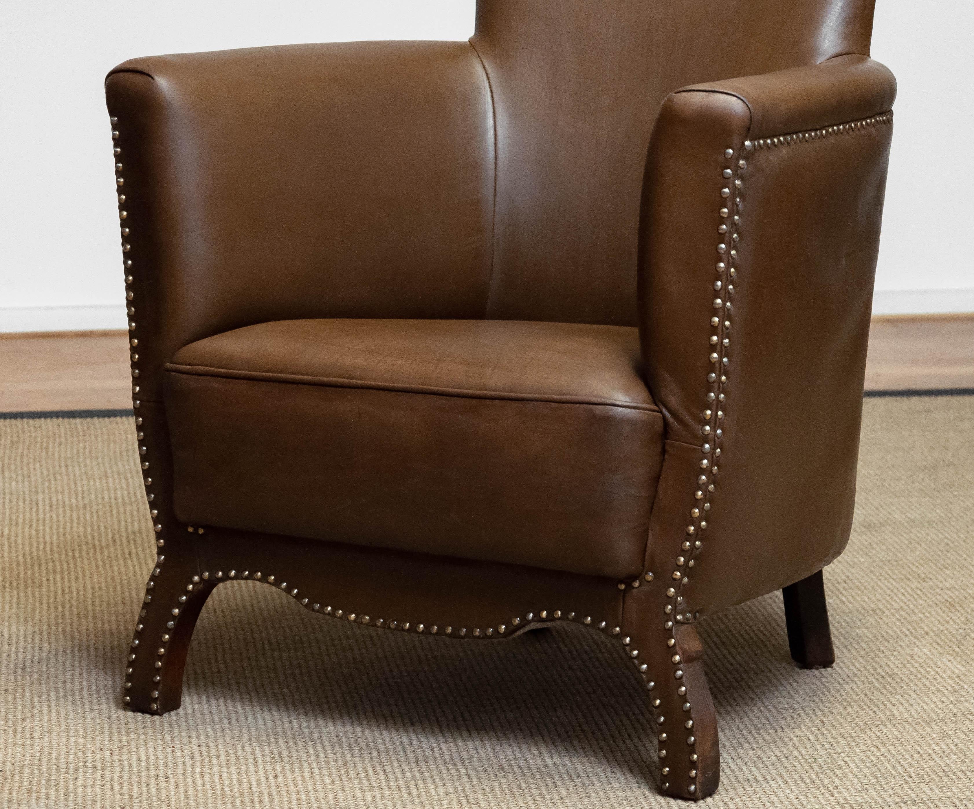 Gustavian Swedish Tan / Brown Nailed Leather Lounge Chair By Otto Schulz For Boet 1940s