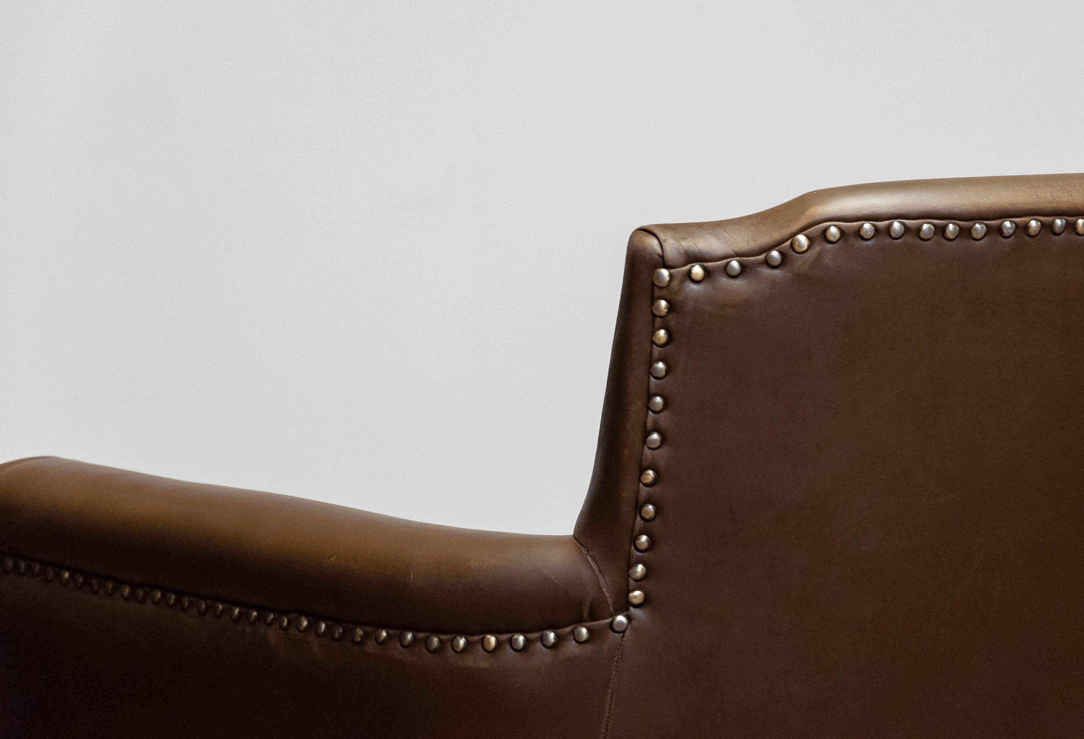 Metal Swedish Tan / Brown Nailed Leather Lounge Chair By Otto Schulz For Boet 1940s