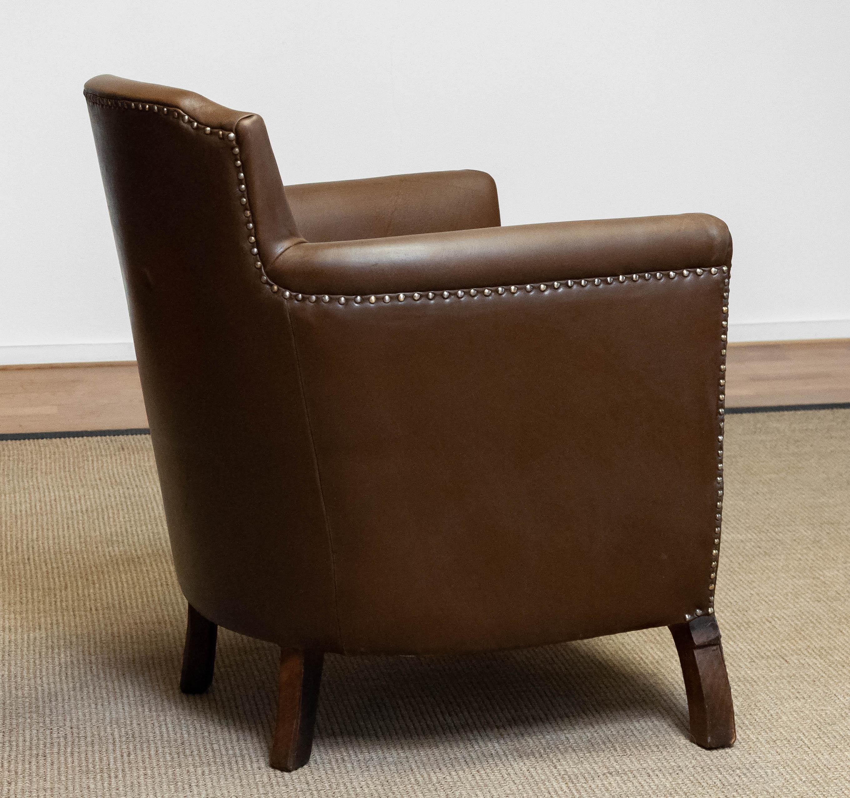 Swedish Tan / Brown Nailed Leather Lounge Chair By Otto Schulz For Boet 1940s 1