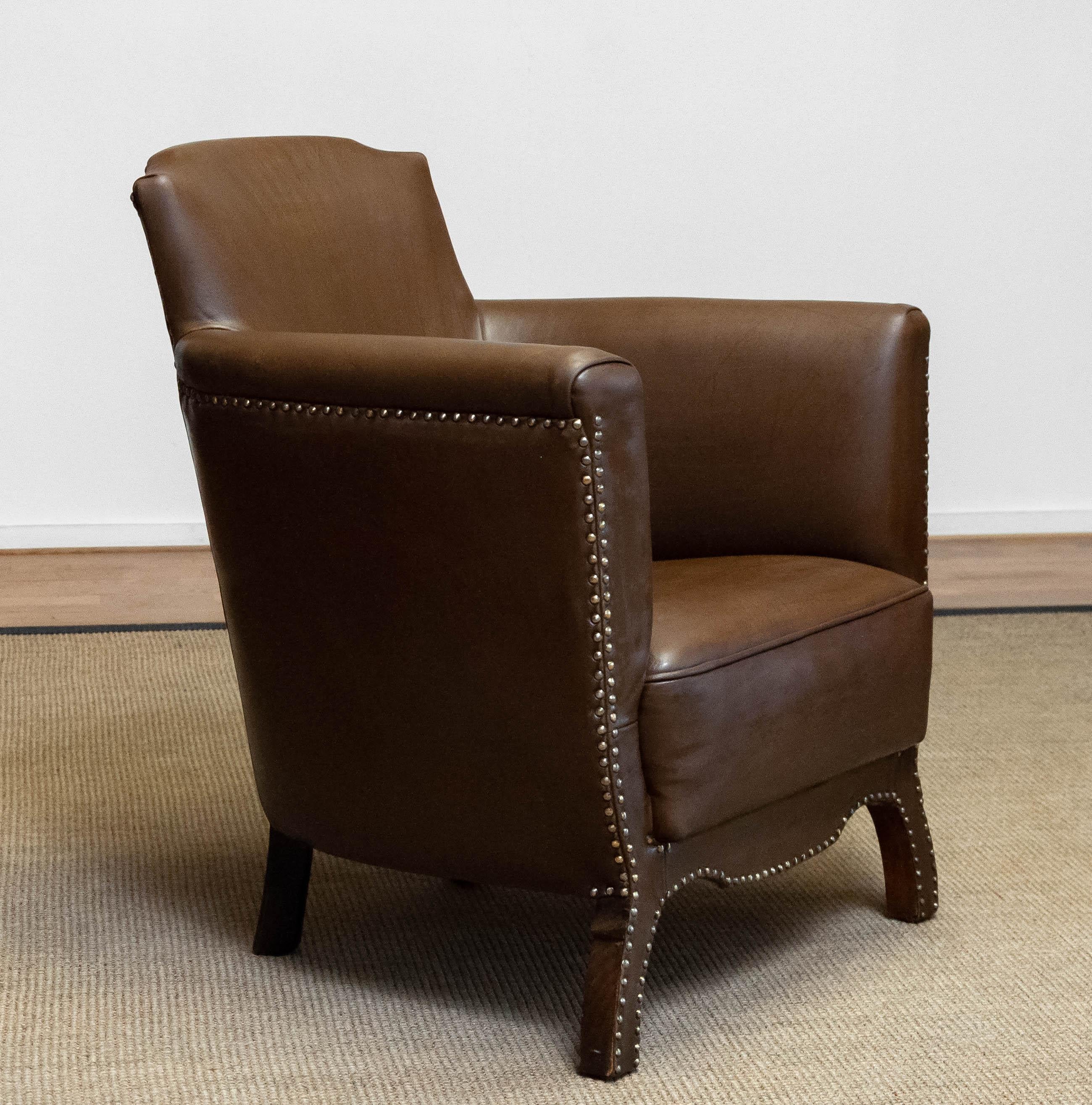Swedish Tan / Brown Nailed Leather Lounge Chair By Otto Schulz For Boet 1940s 2