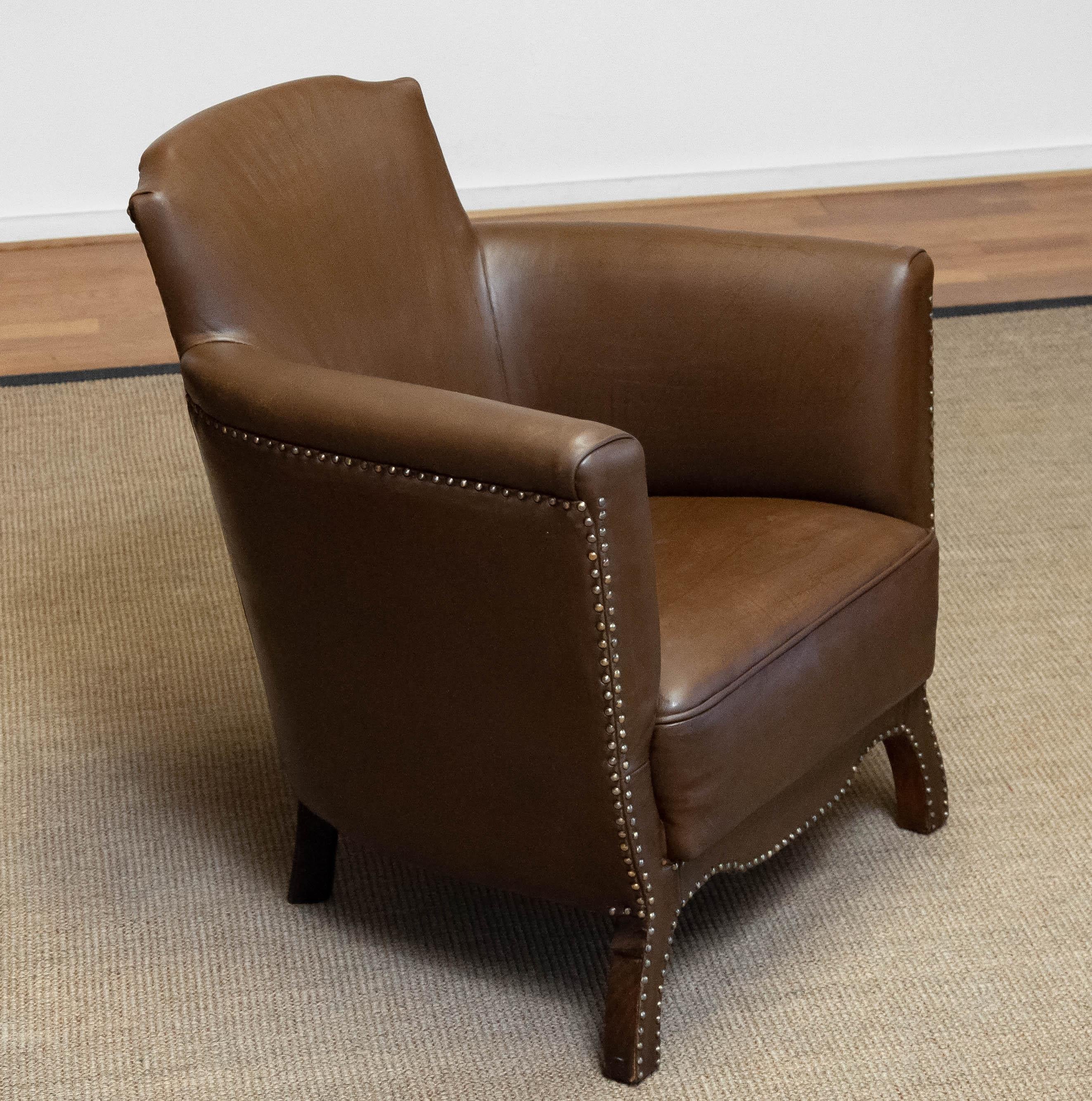 Swedish Tan / Brown Nailed Leather Lounge Chair By Otto Schulz For Boet 1940s 3