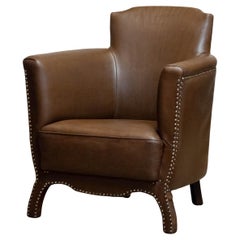 Schwedisch Tan / Brown genagelt Leder Lounge Chair von Otto Schulz für Boet 1940er Jahre