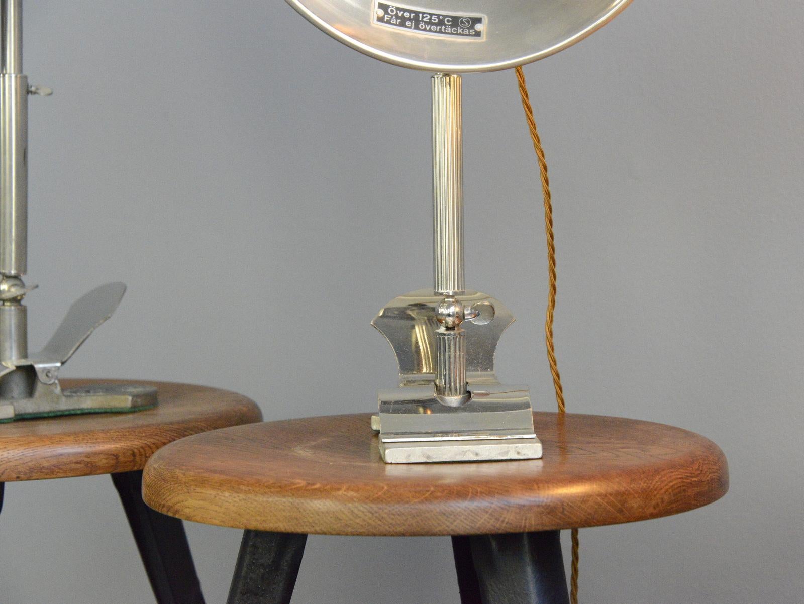 Swedish task lamps by Glory, circa 1930s

- Price is per light
- Nickel arms and shades
- Telescopic arms
- Takes E27 fitting bulbs
- Cast iron base
- Can be a desk lamp, clamp on or wall lamp
- Made by Glory
- Swedish, 1930s
- Measures: