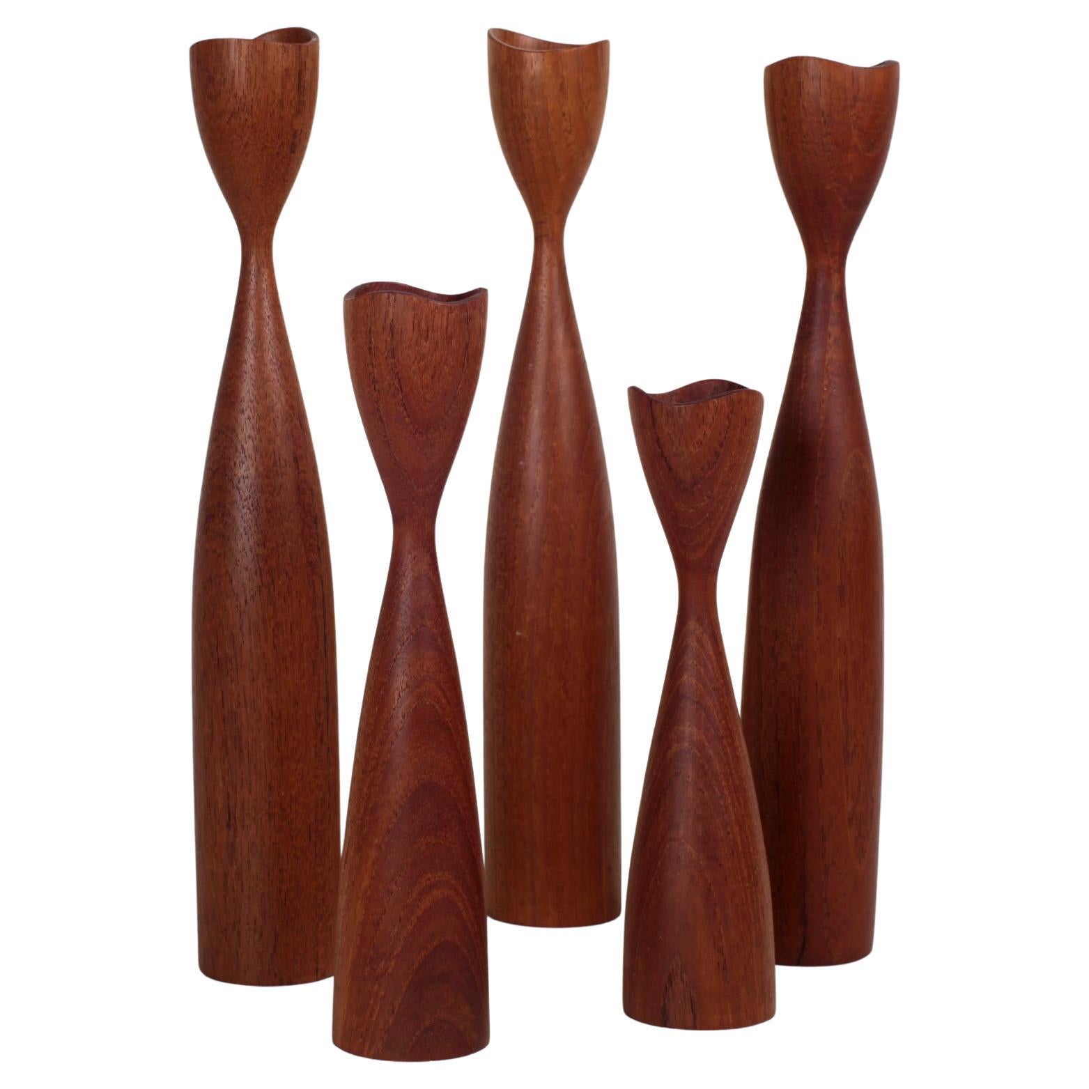 Danish Teak Candlesticks Candleholders 1950s Set of 5