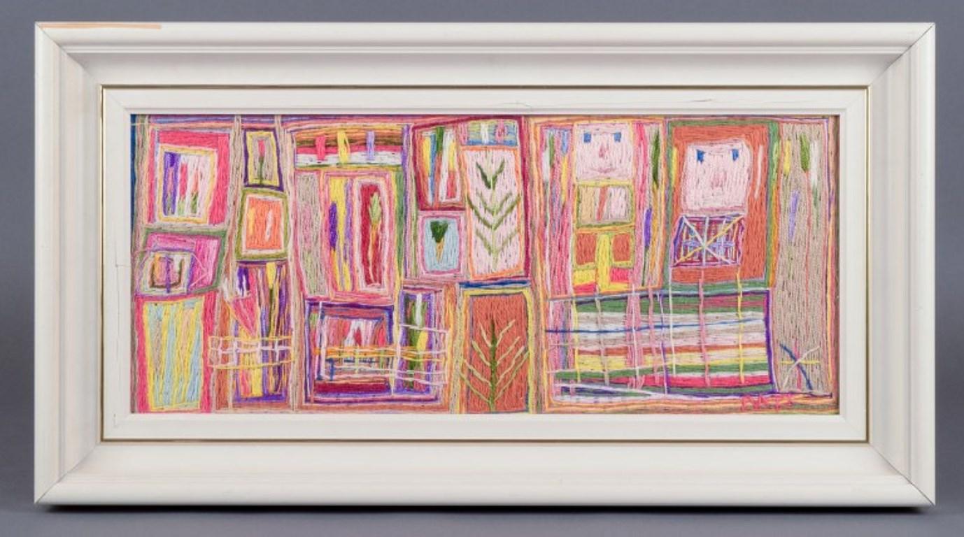 Swedish textile artist. Abstract motif of flowers and faces.
Textile art on canvas.
Signed MP.
Late 20th century.
In perfect condition.
Dimensions: 39.0 cm x 16.5 cm.
Total dimensions: 49.5 cm x 26.5 cm.
