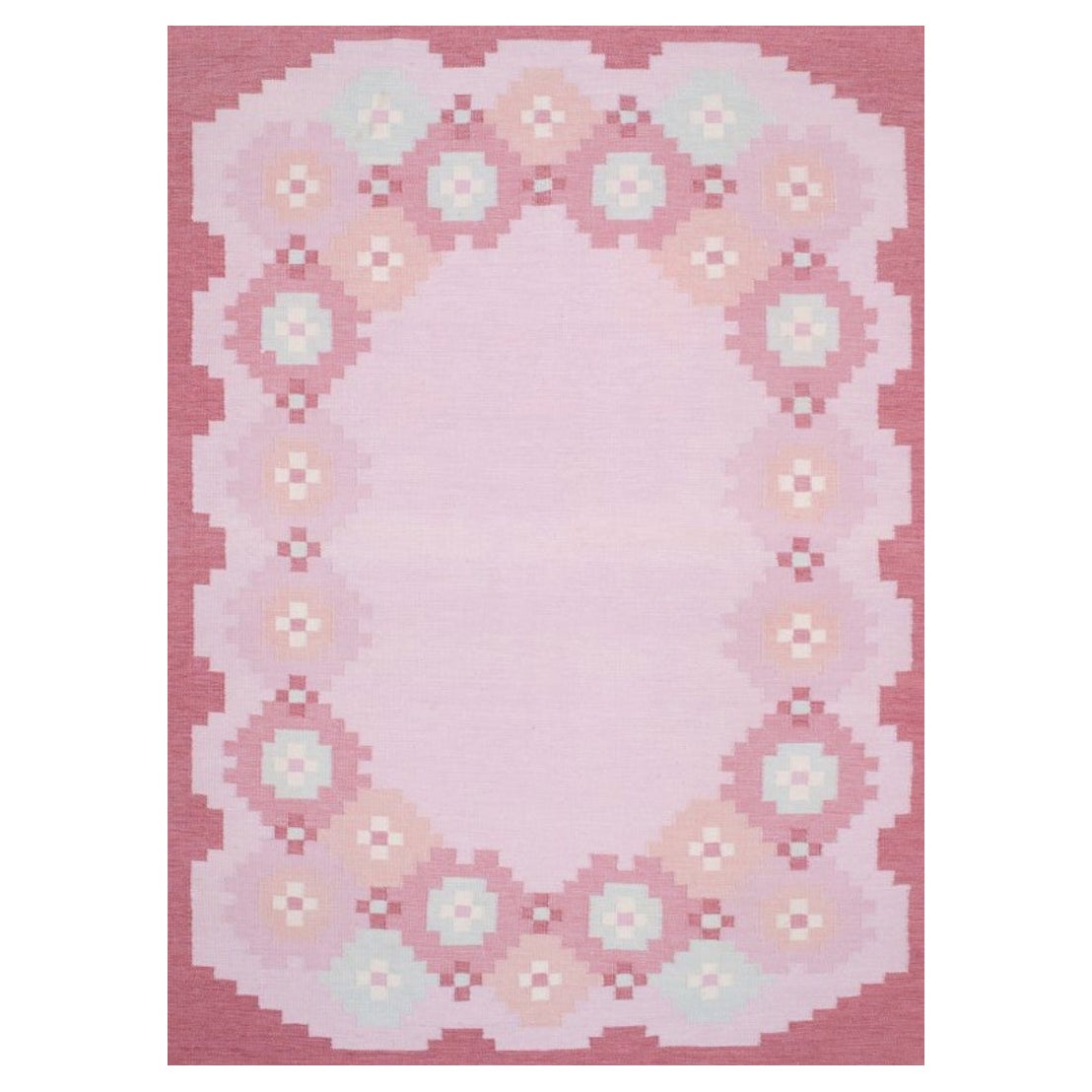 Swedish textile artist. Large handwoven wool carpet in Rölakan technique. For Sale