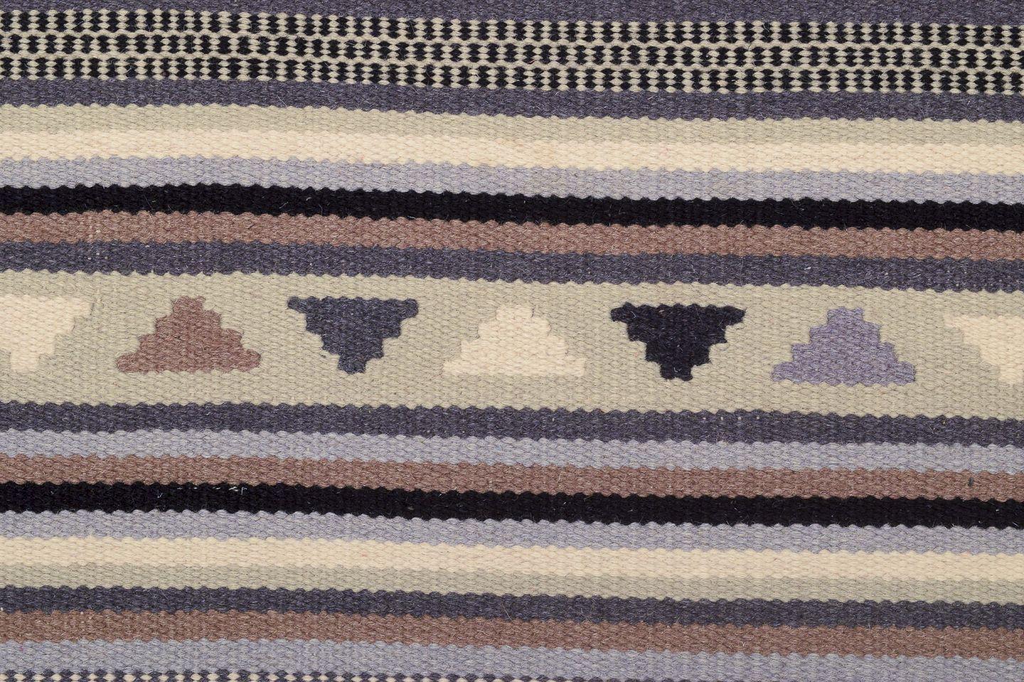Pre-owned goods are exempt from import duties for U.S. customers. 
Therefore, no import tariffs will be applicable to your purchase.

Swedish textile designer.
Hand-knotted wool rug. 
Woven in several colors. Motif of triangles.
Circa