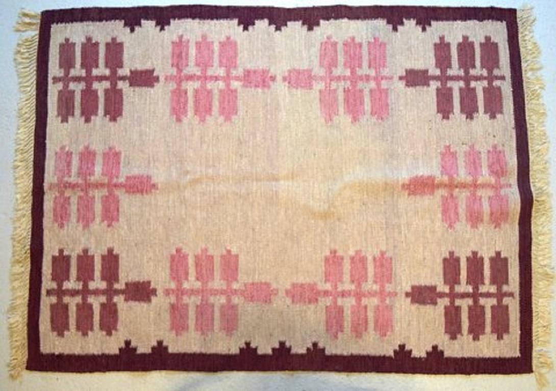 Hand-Woven Swedish Textile Designer, Handwoven Röllakan Rug with Geometric Fields