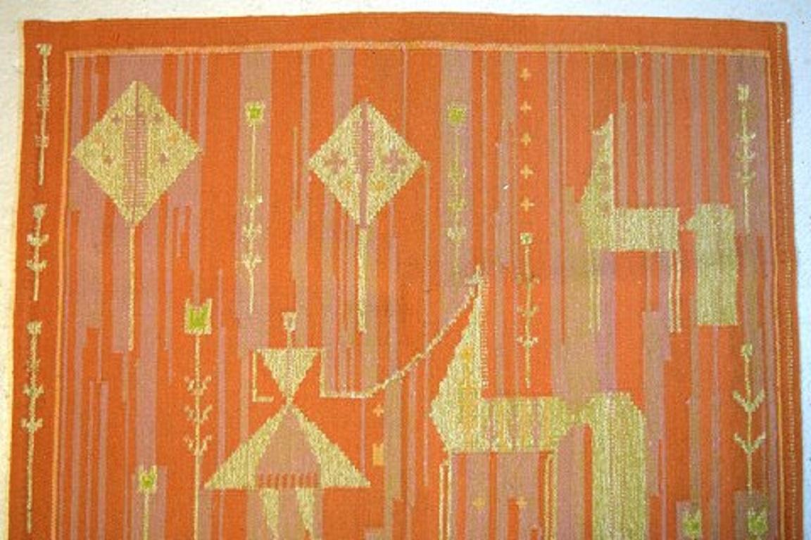 Swedish textile designer. Handwoven Röllakan rug in shades of orange with horses and girl. Swedish design, mid-20th century.
Measures: 178 x 125 cm.
In excellent condition.
Signed in monogram. N.E.