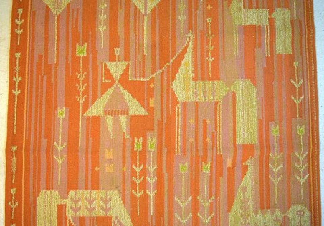 Scandinavian Modern Swedish Textile Designer, Handwoven Röllakan Rug with Horses and Girl