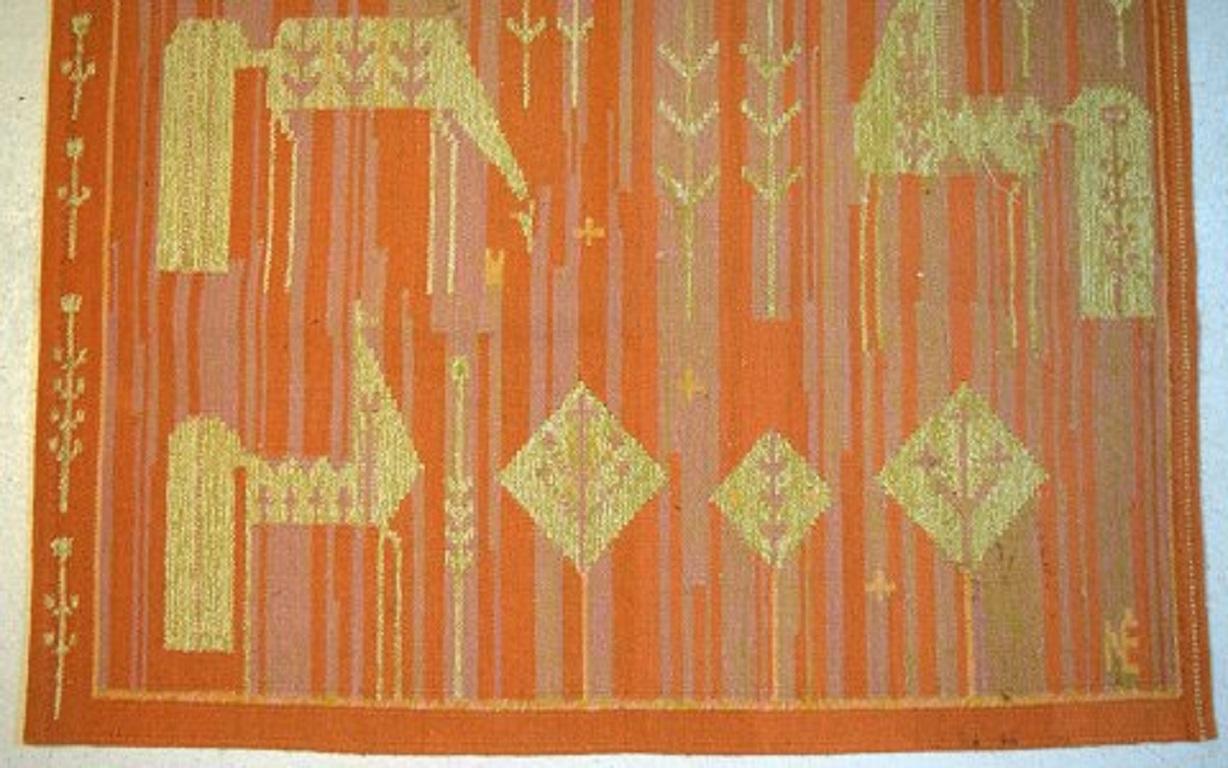 Hand-Woven Swedish Textile Designer, Handwoven Röllakan Rug with Horses and Girl