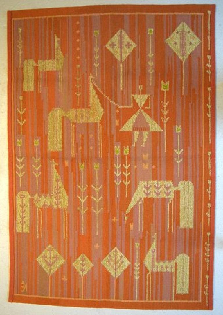20th Century Swedish Textile Designer, Handwoven Röllakan Rug with Horses and Girl
