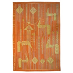 Swedish Textile Designer, Handwoven Röllakan Rug with Horses and Girl