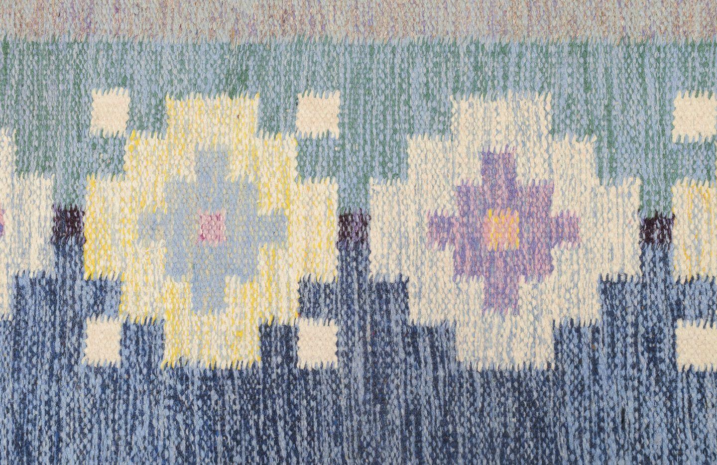 Pre-owned goods are exempt from import duties for U.S. customers. 
Therefore, no import tariffs will be applicable to your purchase.

Swedish textile designer.
Handwoven rug made of wool. Rölakan technique. 
Woven with geometric patterns in