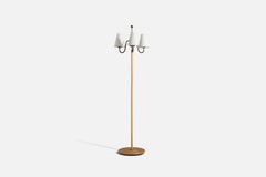 Swedish Designer, Floor Lamp, Brass, Leather, Oak, Fabric, Sweden, 1940s