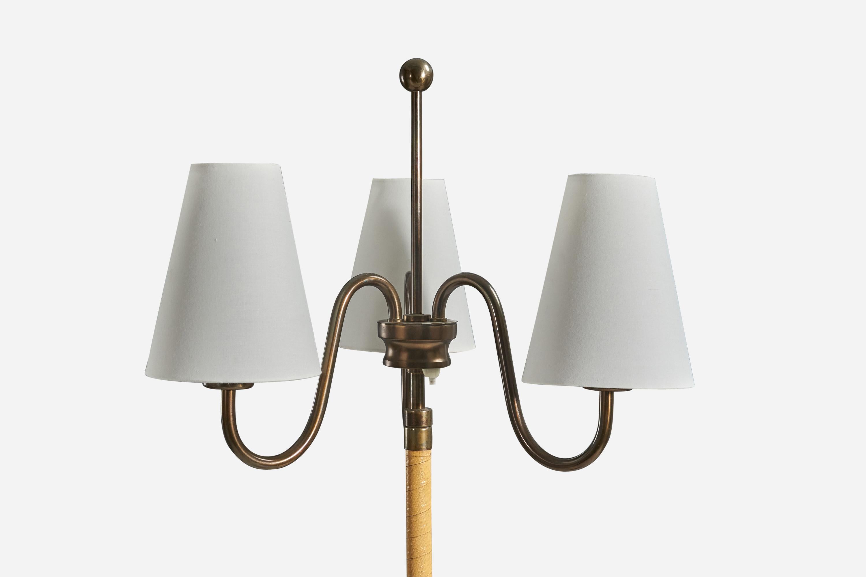 Mid-Century Modern Swedish Designer, Floor Lamp, Brass, Leather, Oak, Fabric, Sweden, 1940s For Sale