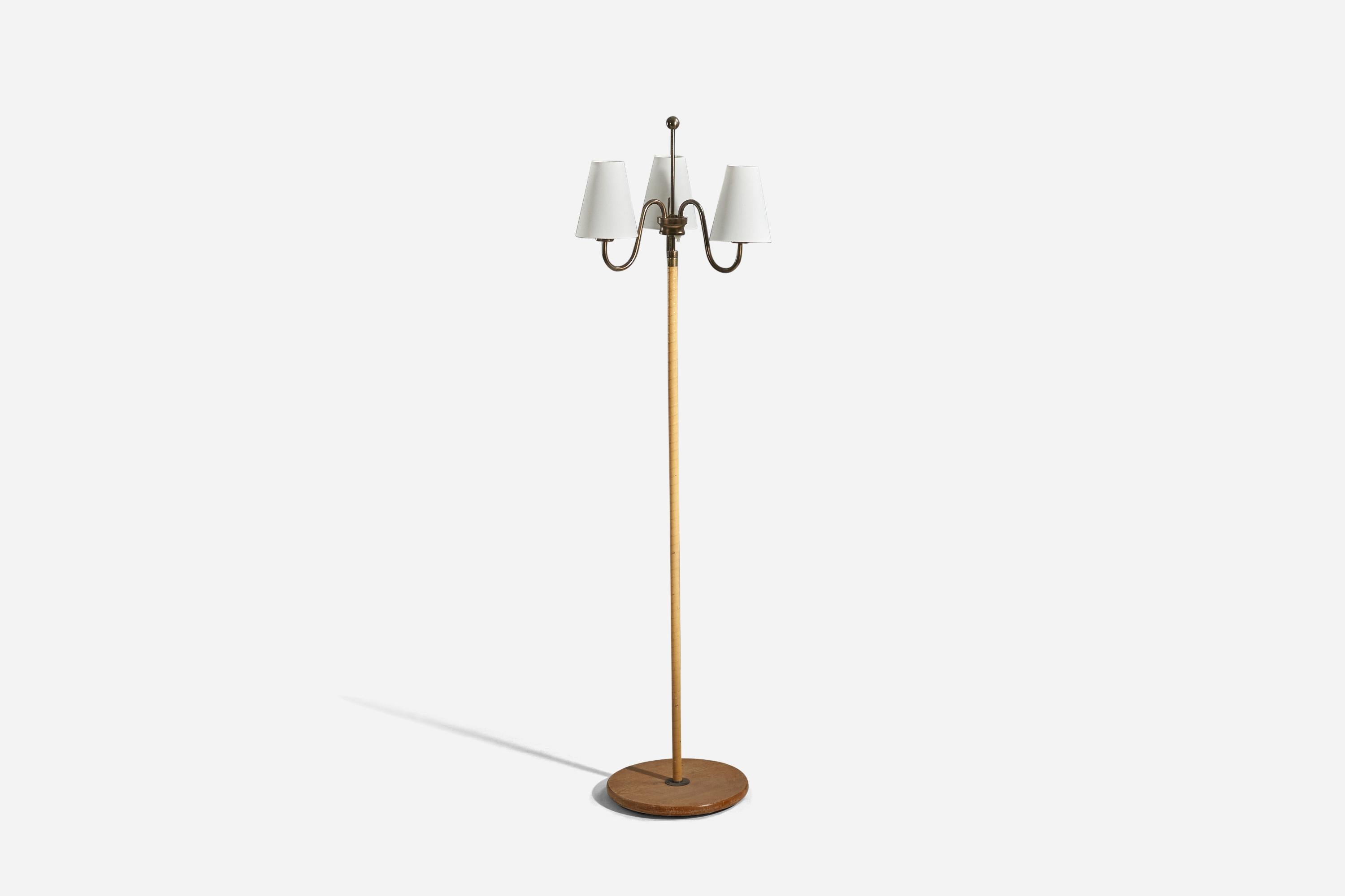 Swedish Designer, Floor Lamp, Brass, Leather, Oak, Fabric, Sweden, 1940s In Good Condition For Sale In High Point, NC