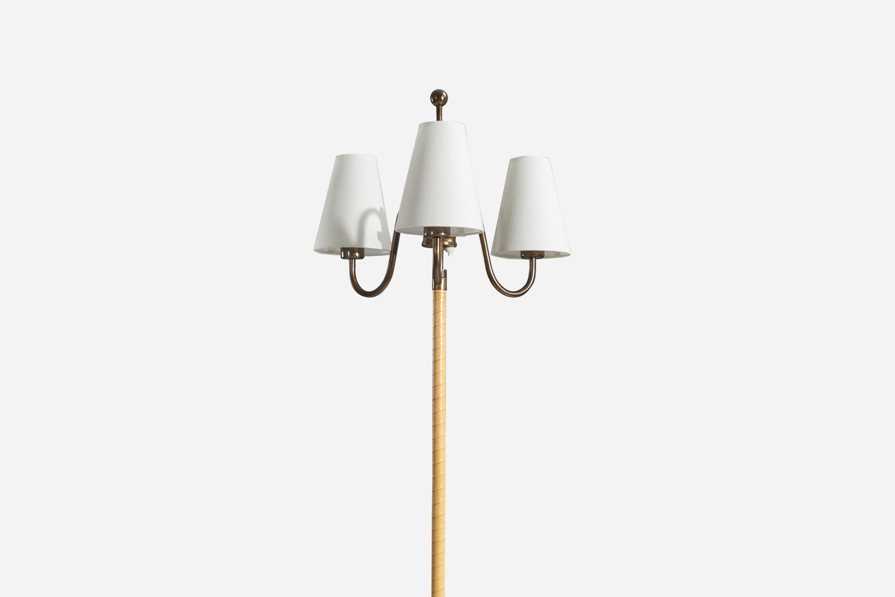 Swedish Designer, Floor Lamp, Brass, Leather, Oak, Fabric, Sweden, 1940s For Sale 1