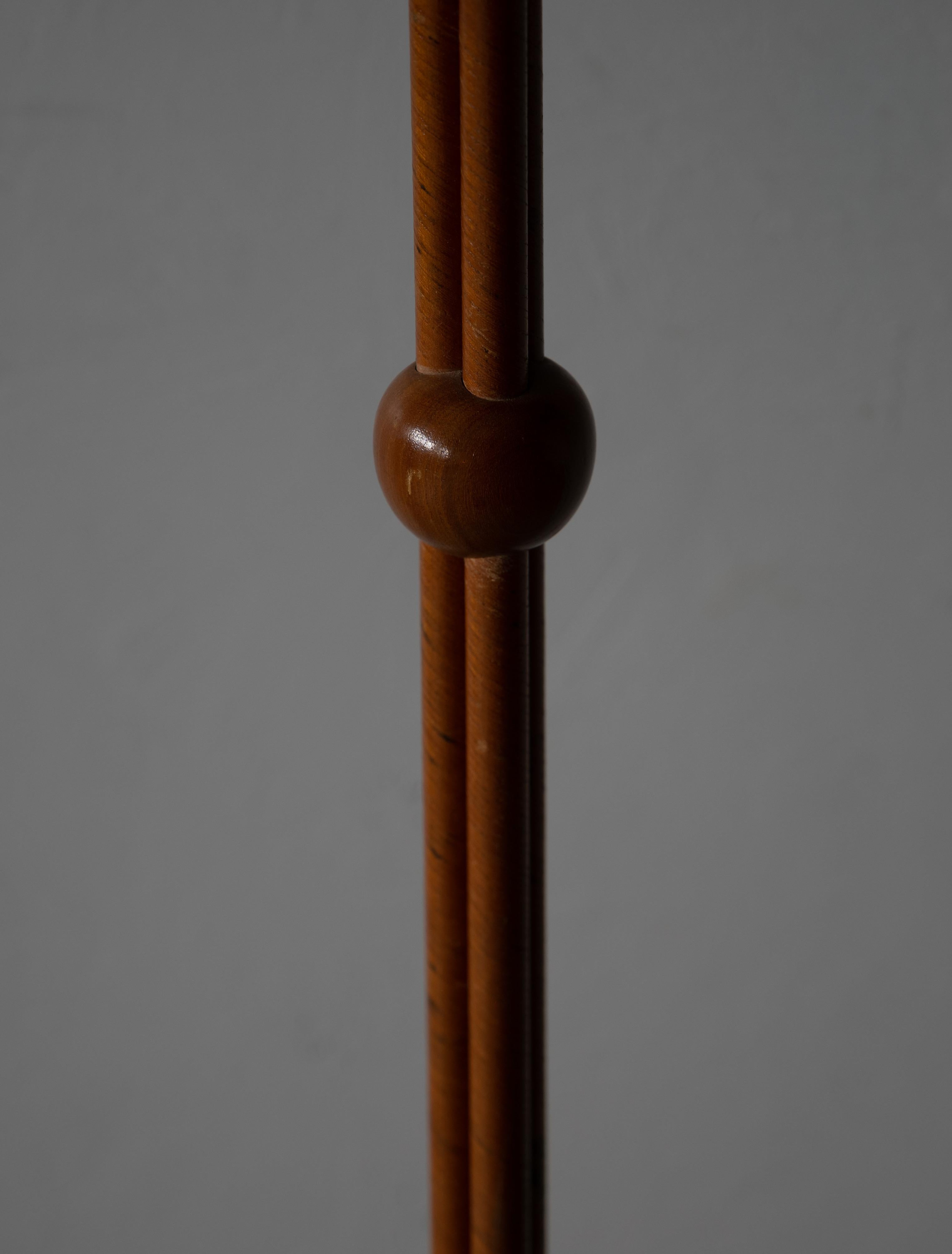 Swedish, Three-Armed Floor Lamp, Brass, Wrapped Wood Veneer, Fabric, 1930s 4