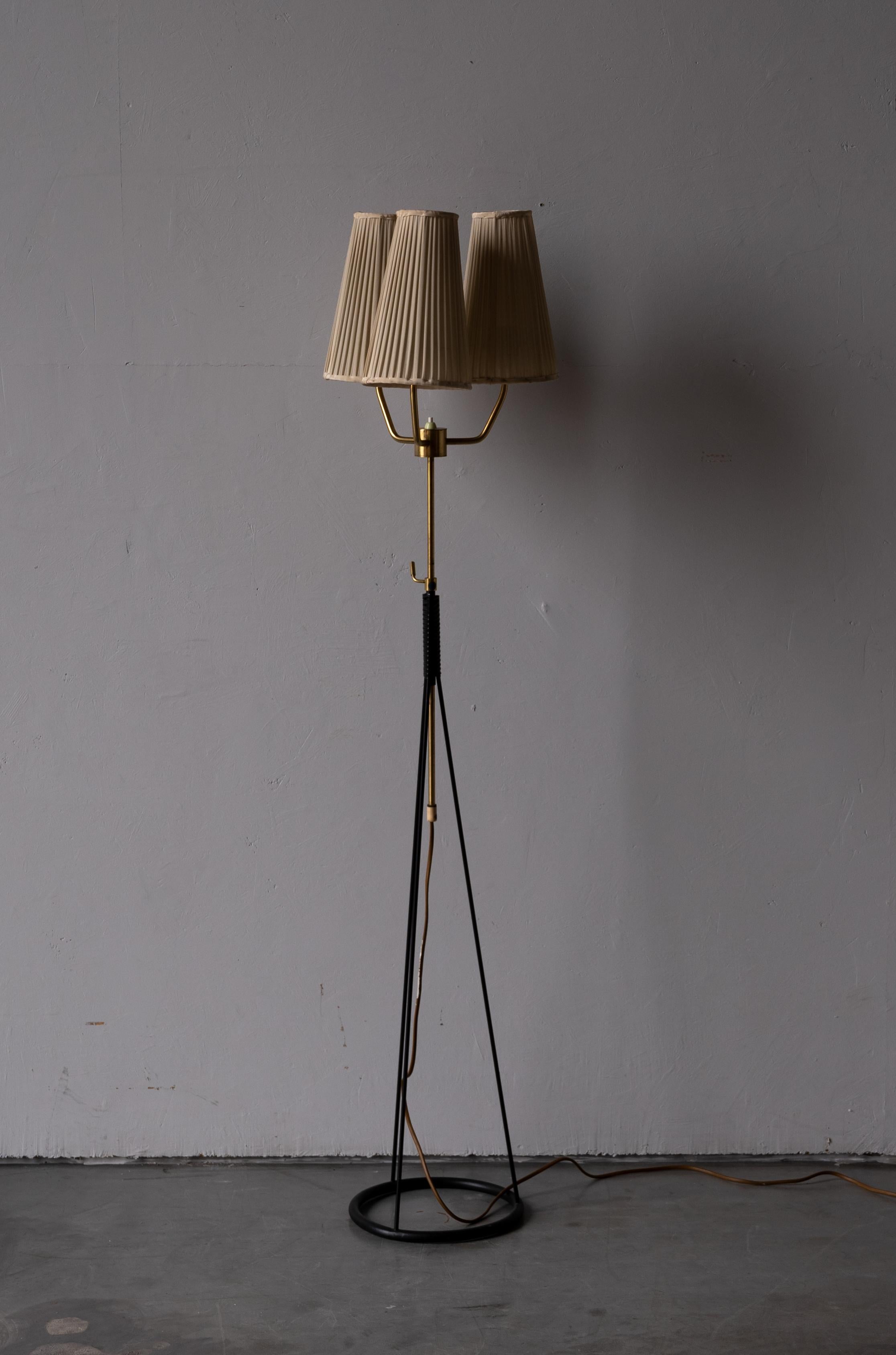Mid-Century Modern Swedish, Three-Armed Floor Lamp, Lacquered Metal, Brass, Fabric, Sweden, 1950s