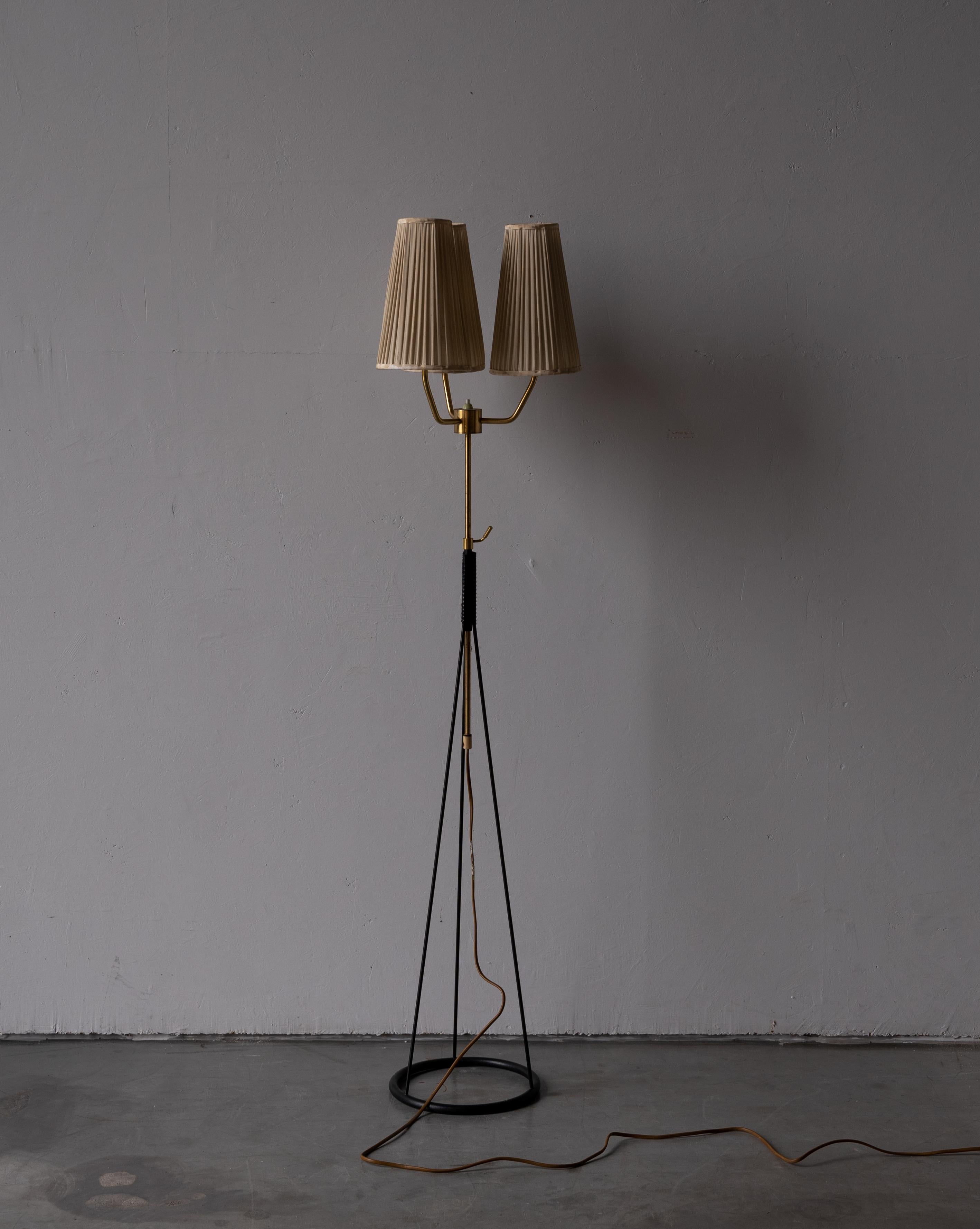 Swedish, Three-Armed Floor Lamp, Lacquered Metal, Brass, Fabric, Sweden, 1950s In Good Condition In High Point, NC