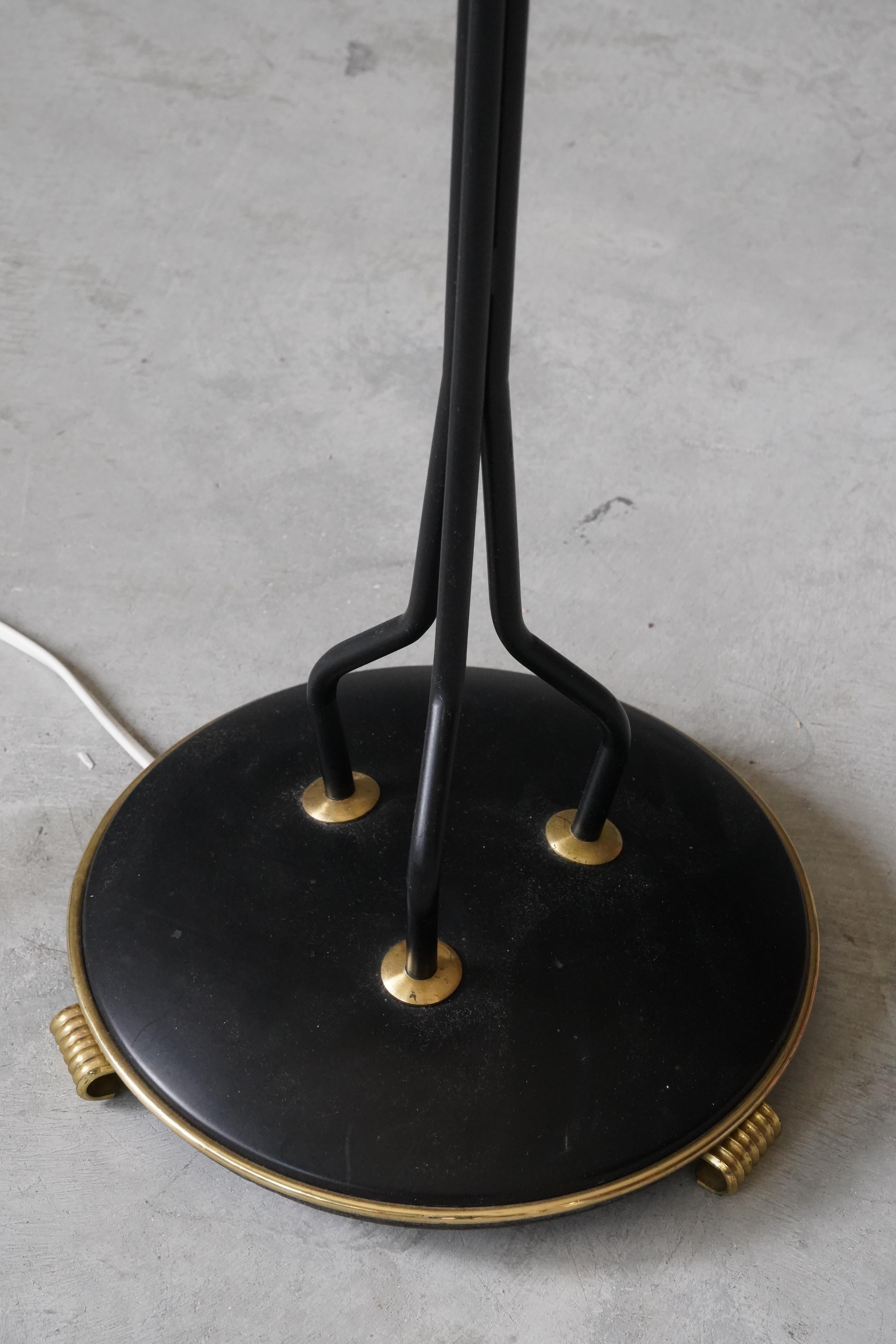 Mid-20th Century Swedish, Three-Armed Floor Lamp, Lacquered Metal, Brass, Fabric, Sweden, 1950s