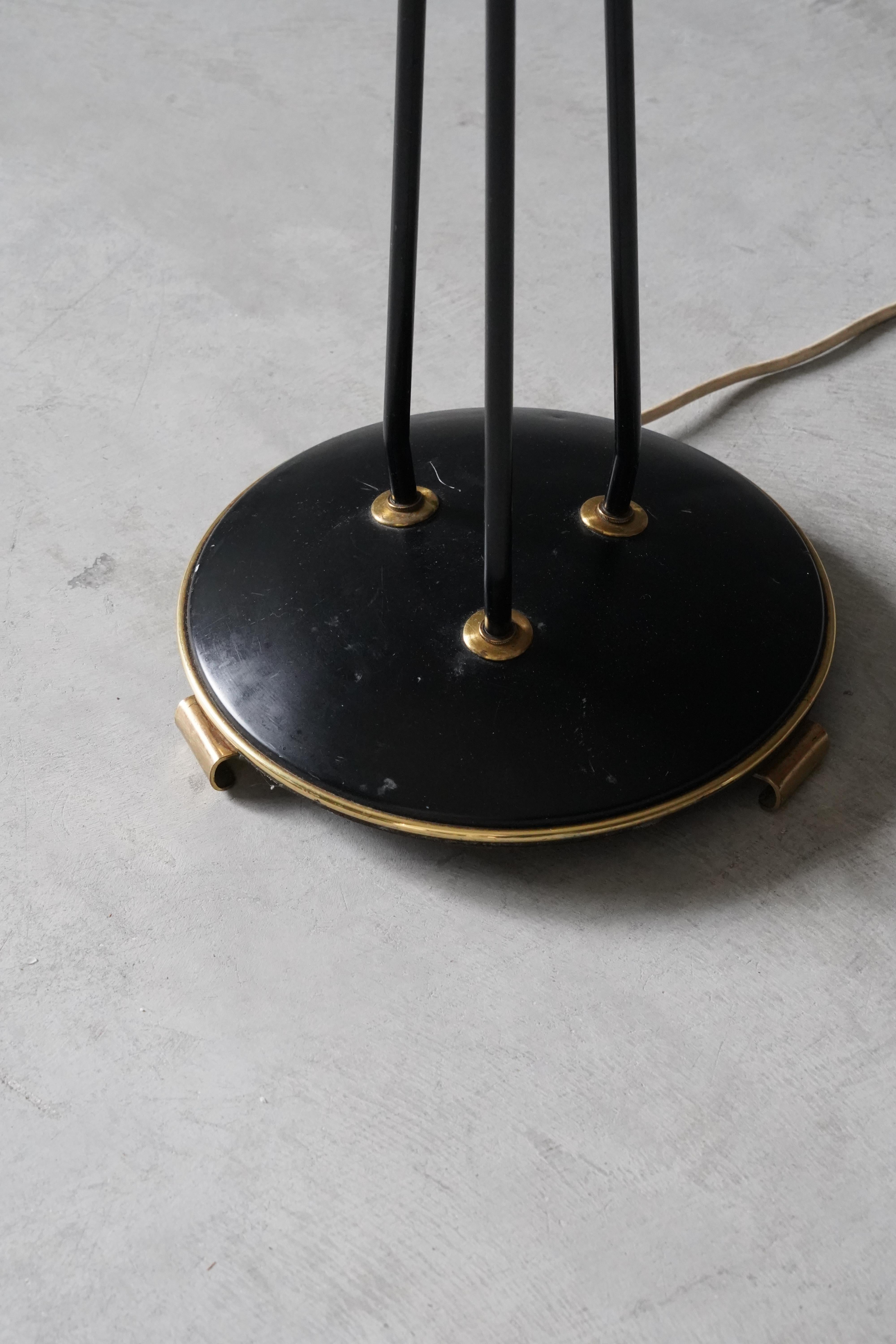 Swedish, Three-Armed Floor Lamp, Lacquered Metal, Brass, Fabric, Sweden, 1950s In Good Condition In High Point, NC