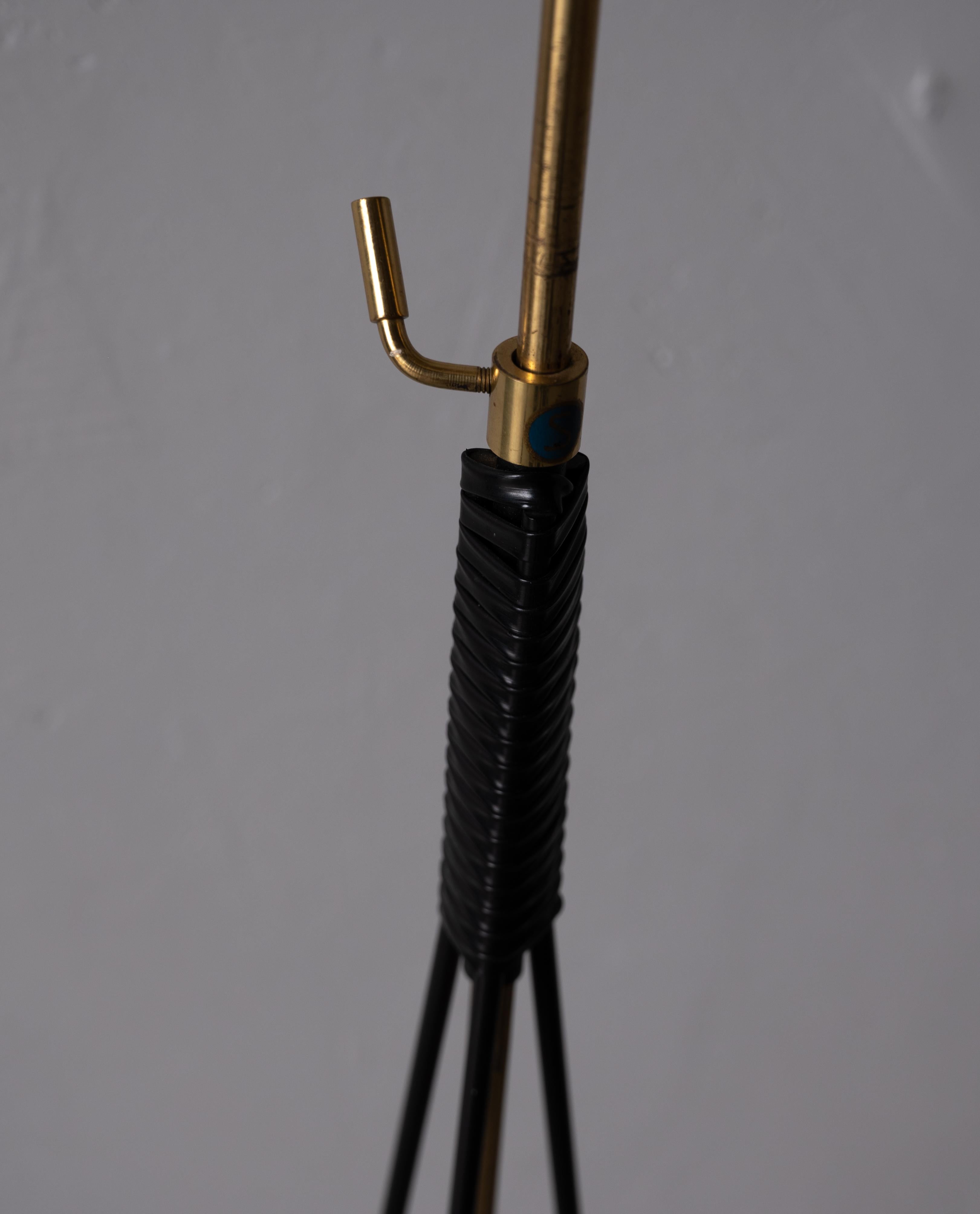 Swedish, Three-Armed Floor Lamp, Lacquered Metal, Brass, Fabric, Sweden, 1950s 1