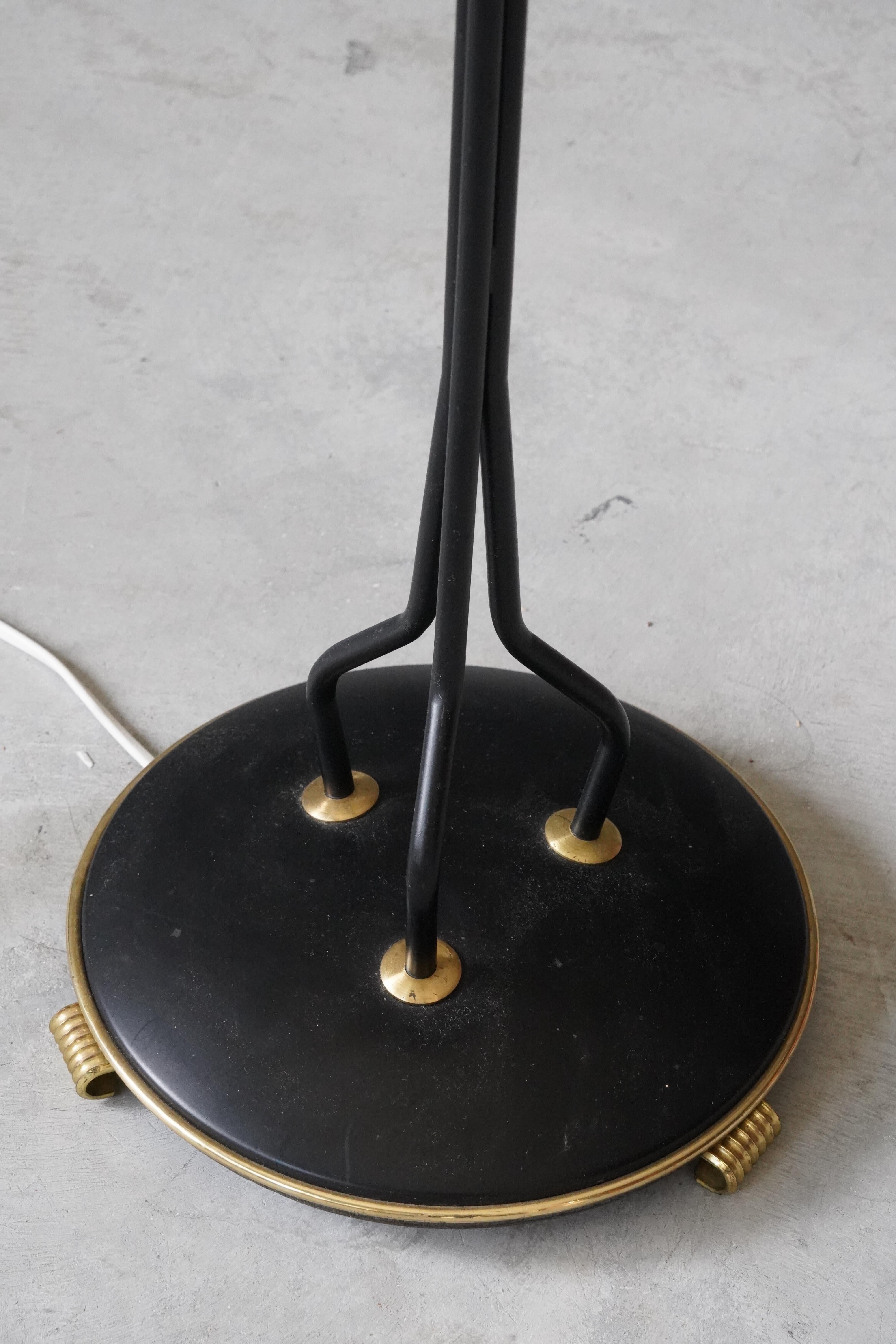 Swedish, Three-Armed Floor Lamp, Lacquered Metal, Brass, Fabric, Sweden, 1950s 1
