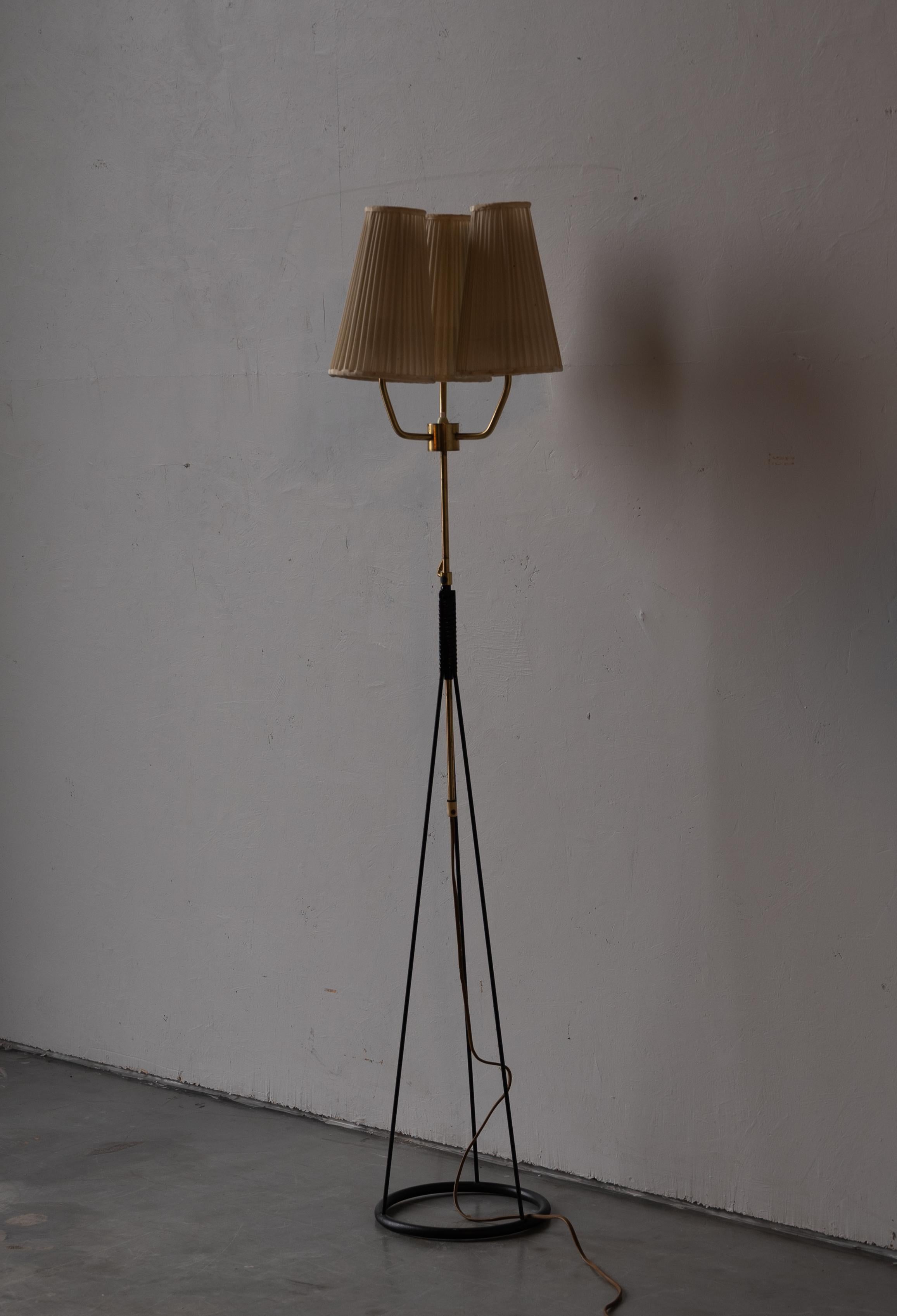 Swedish, Three-Armed Floor Lamp, Lacquered Metal, Brass, Fabric, Sweden, 1950s 2