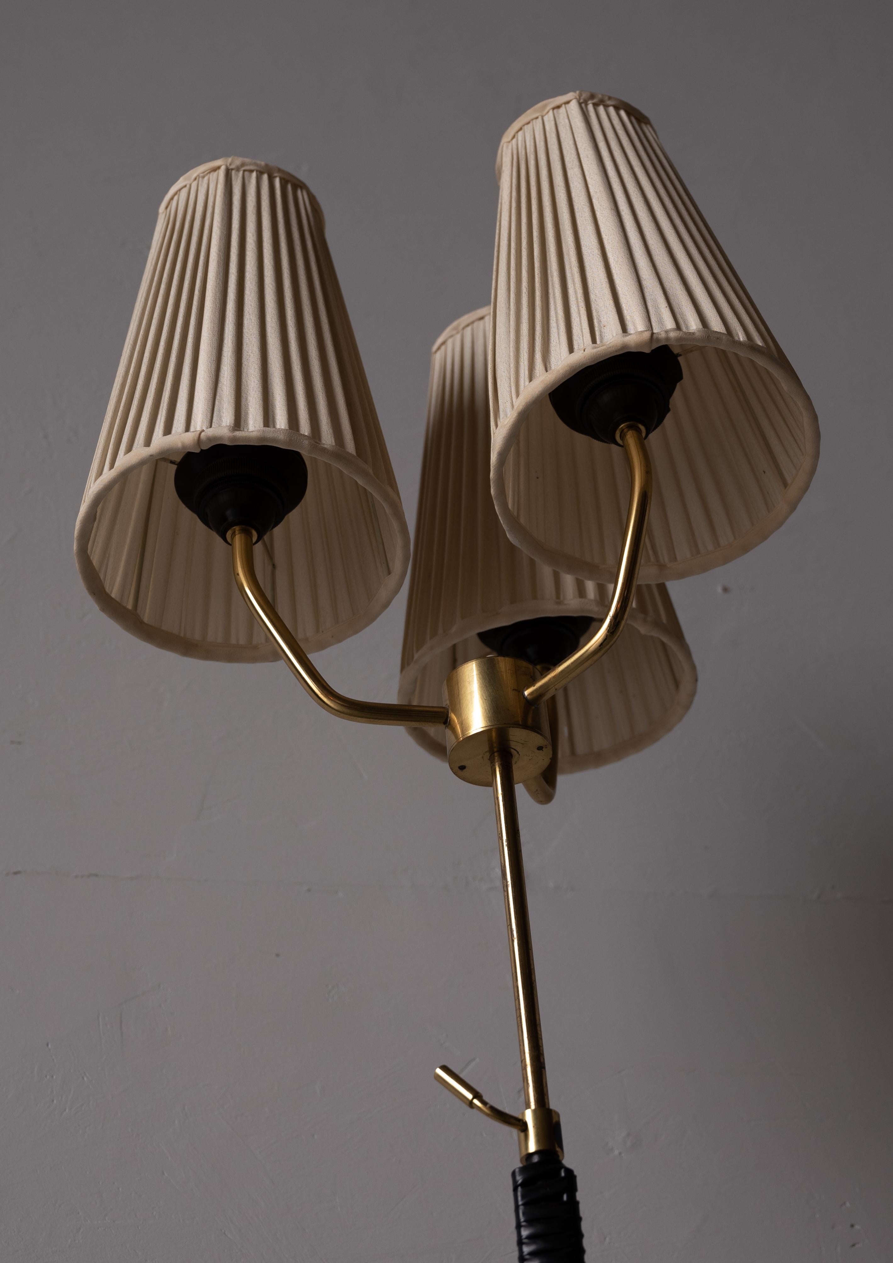 Swedish, Three-Armed Floor Lamp, Lacquered Metal, Brass, Fabric, Sweden, 1950s 3