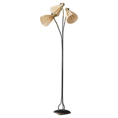 Swedish, Three-Armed Floor Lamp, Lacquered Metal, Brass, Fabric, Sweden, 1950s