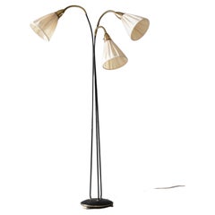 Swedish, Three-Armed Floor Lamp, Lacquered Metal, Brass, Fabric, Sweden, 1950s