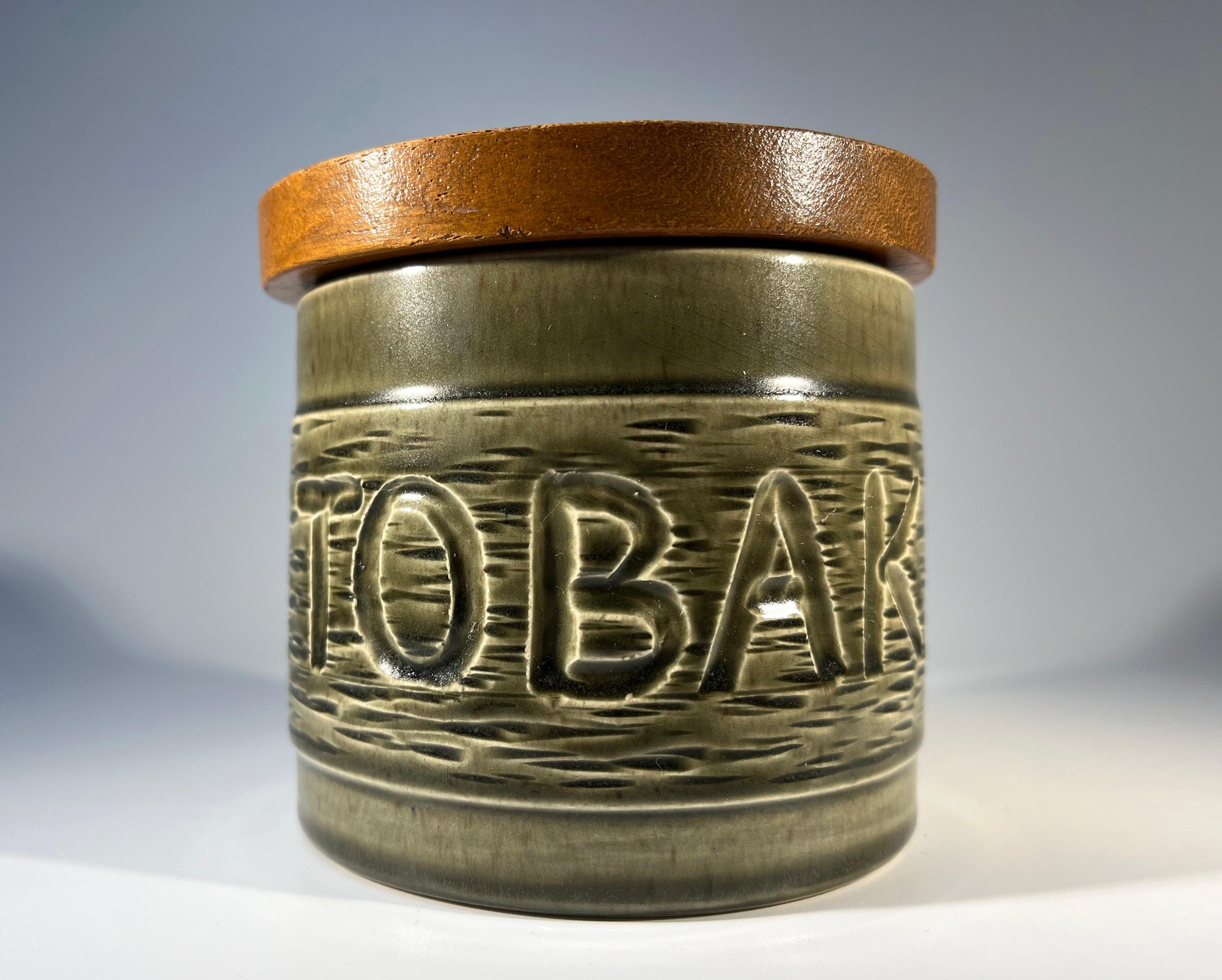 Swedish Tobak, Mid-Century Glazed Ceramic And Teak Humidor Tobacco Jar For Sale 1